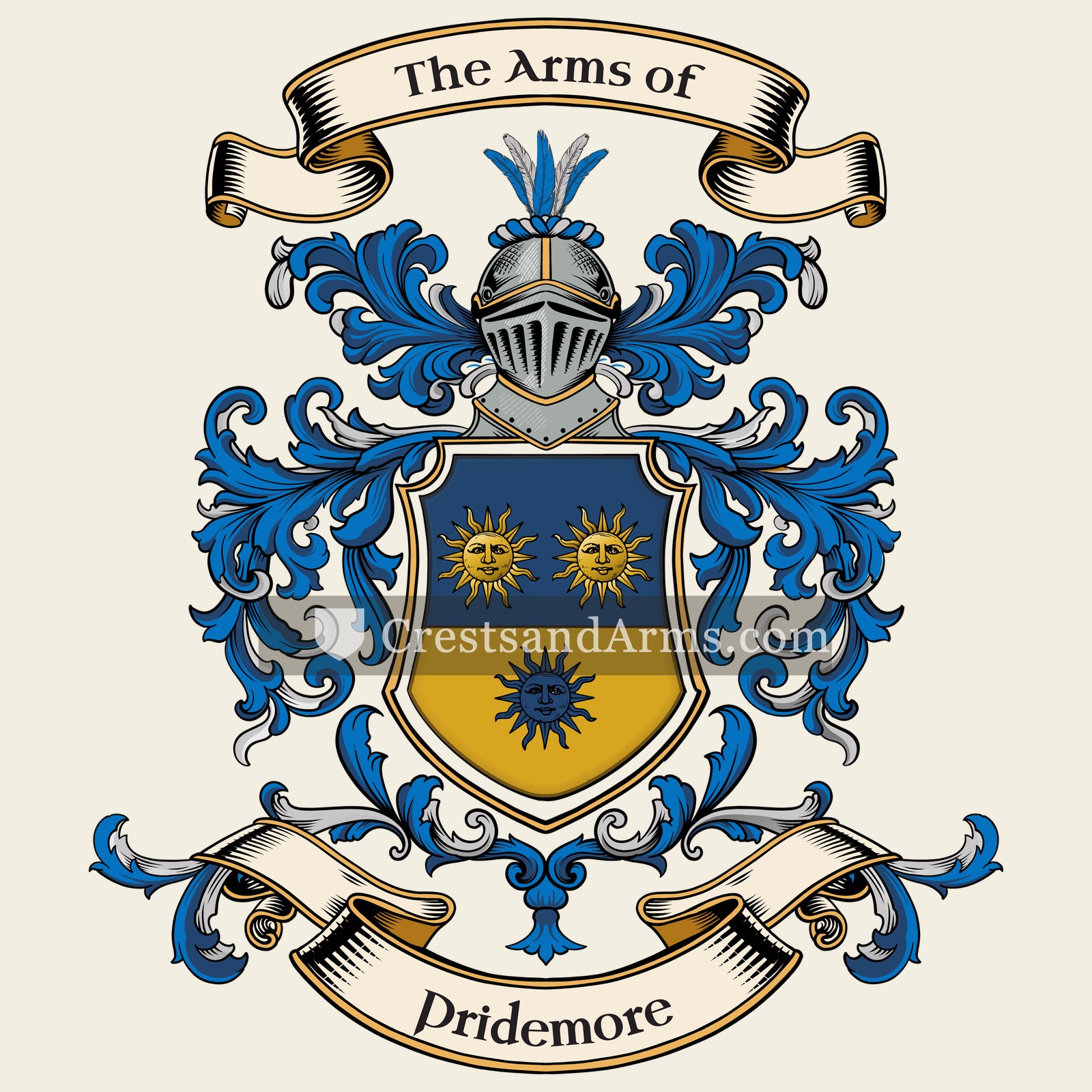 The Pridemore coat of arms, drawn from the recorded blazon