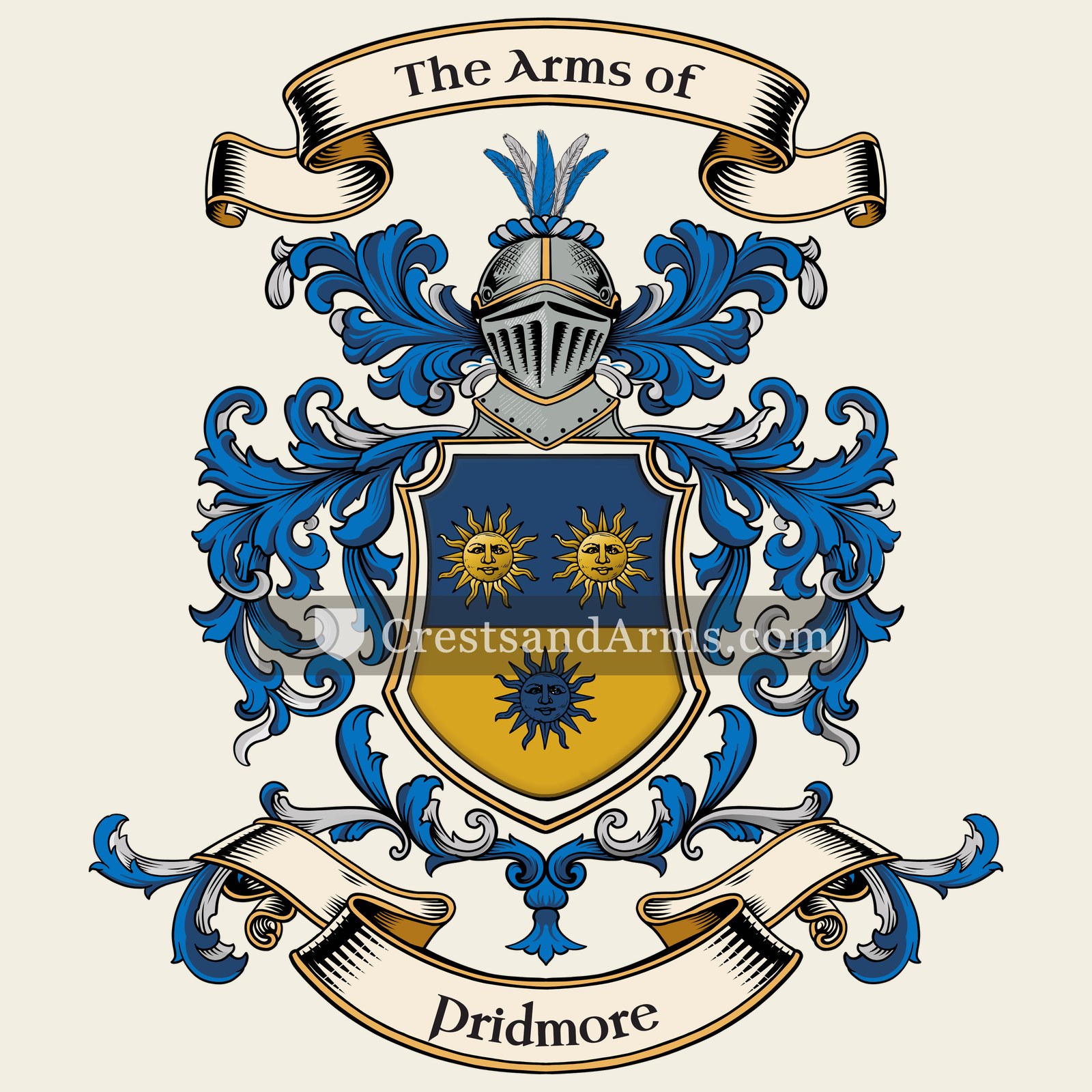 The Pridmore coat of arms, drawn from the recorded blazon