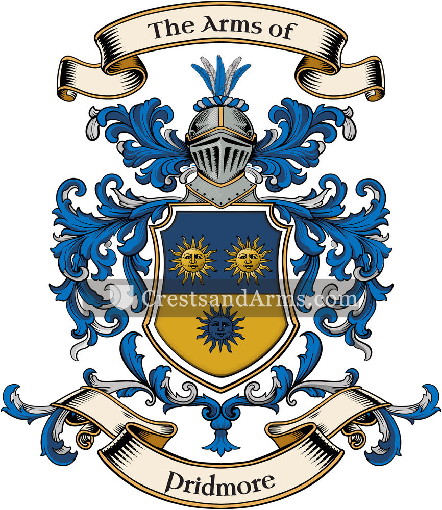 The Pridmore coat of arms, drawn from the recorded blazon