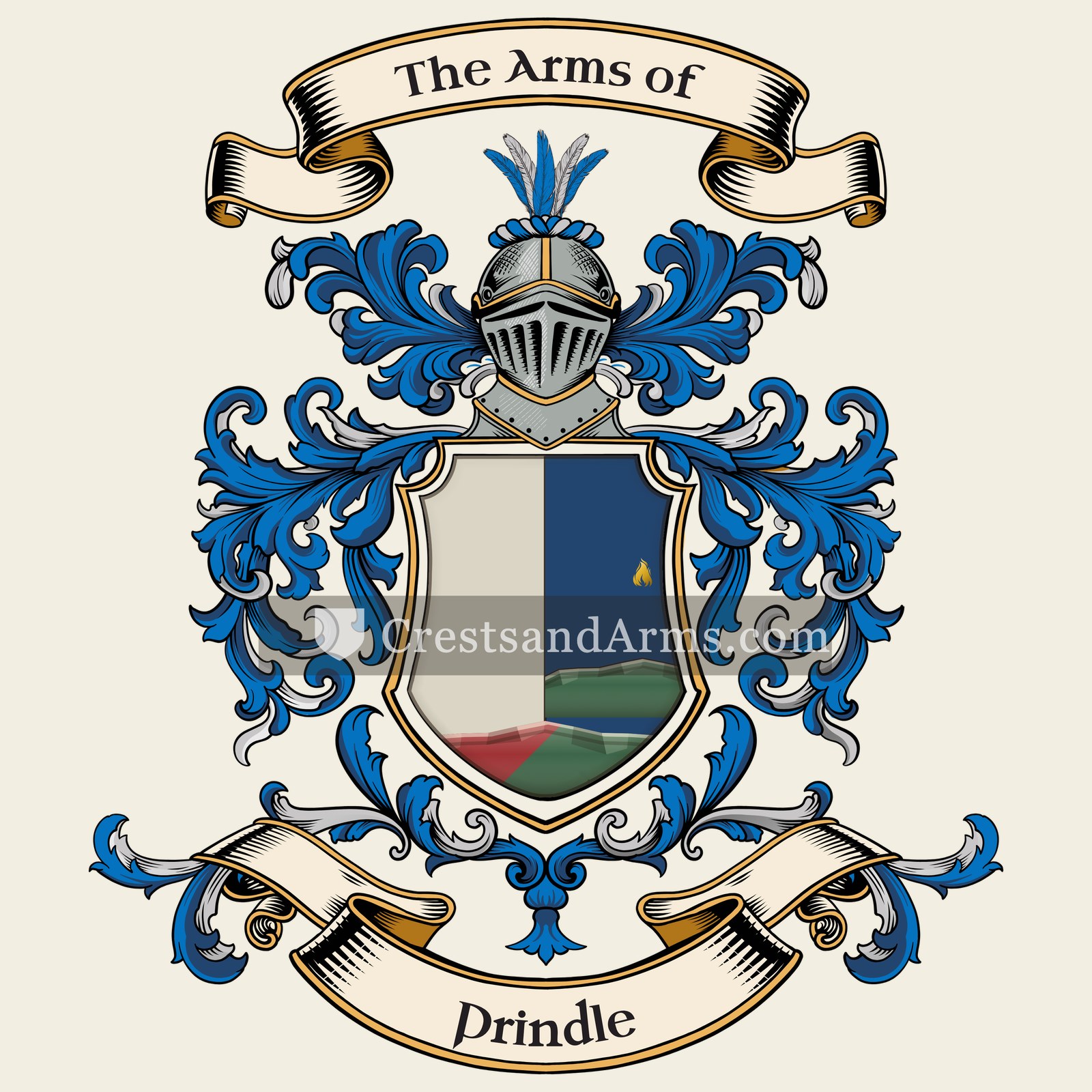 The Prindle coat of arms, drawn from the recorded blazon