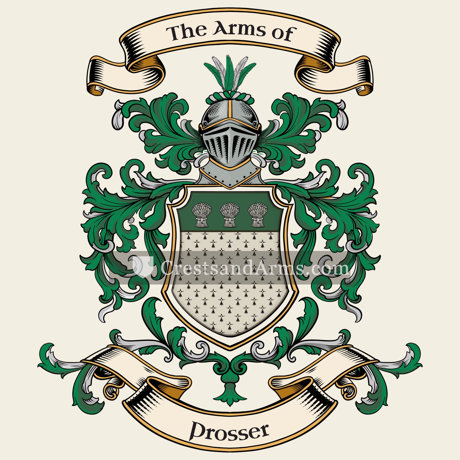 The Prosser coat of arms, drawn from the recorded blazon