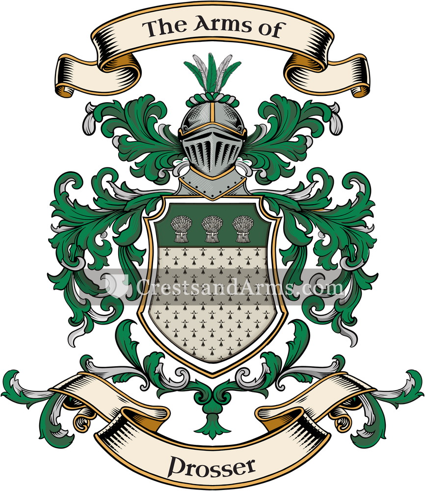 The Prosser coat of arms, drawn from the recorded blazon