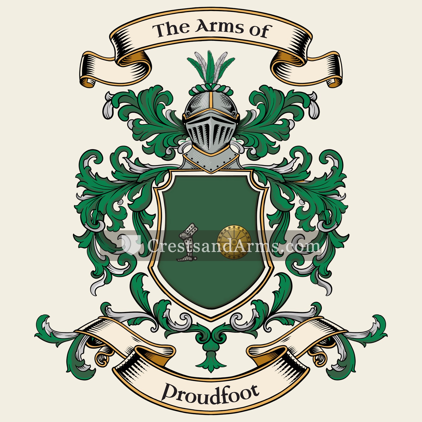 The Proudfoot coat of arms, drawn from the recorded blazon