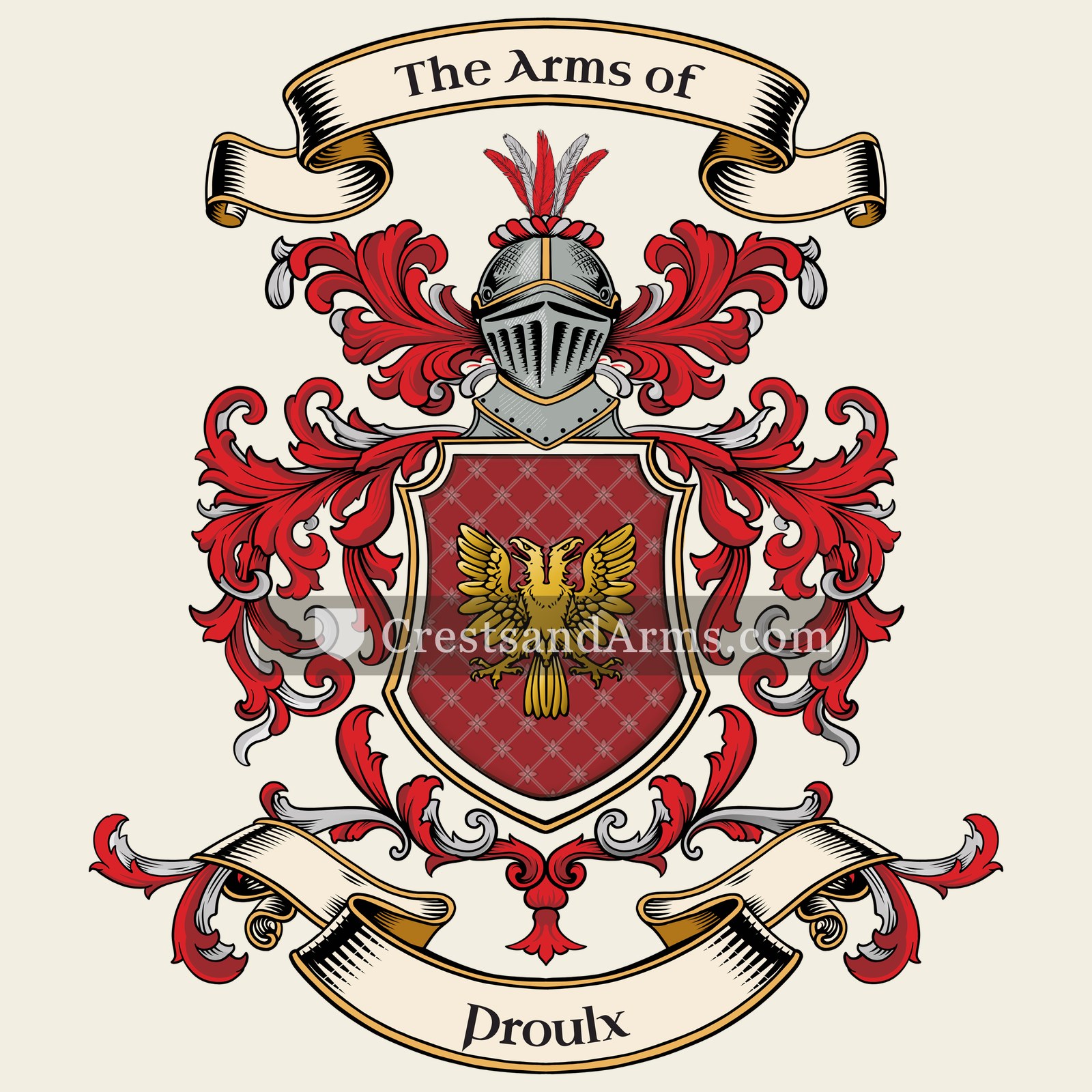 The Proulx coat of arms, drawn from the recorded blazon