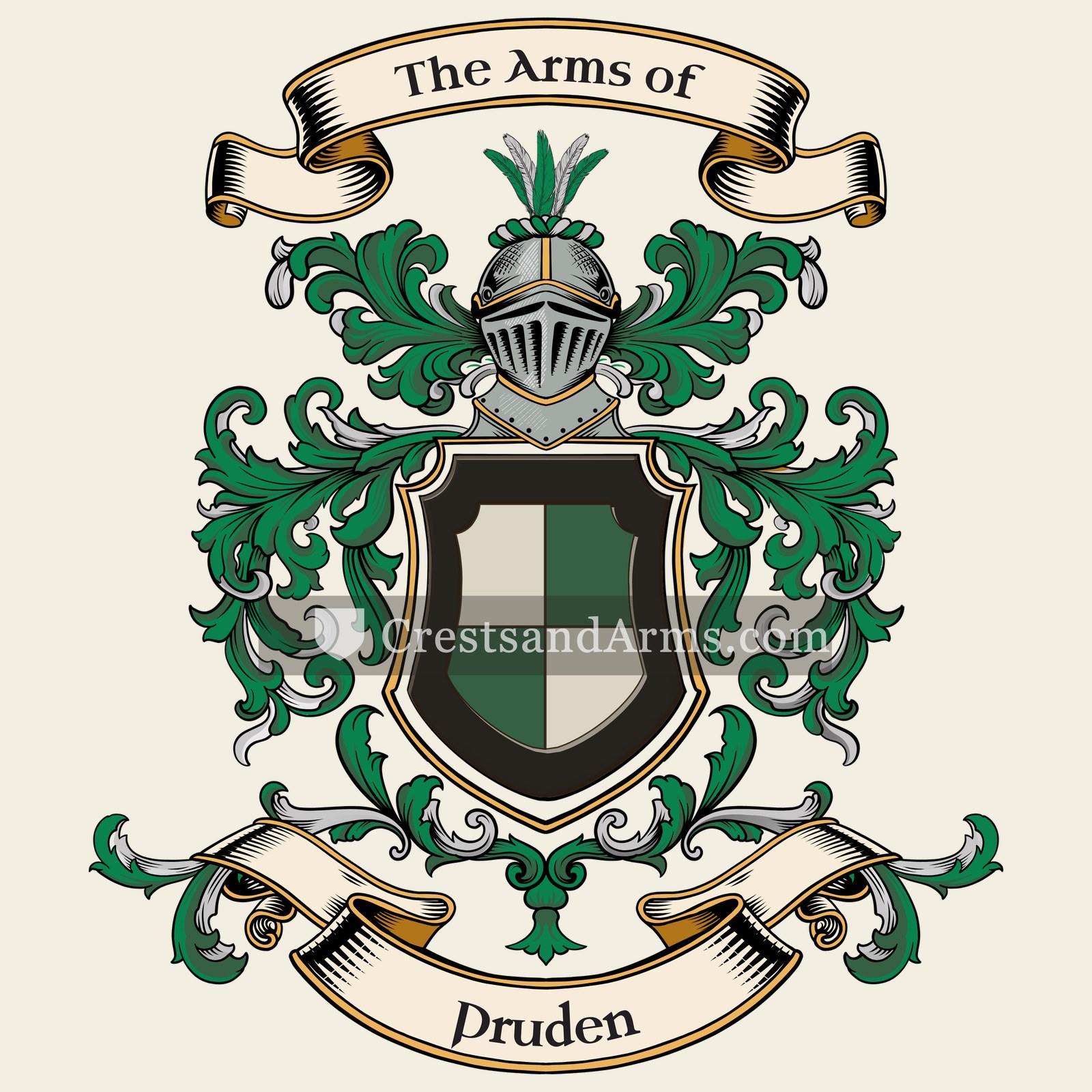 The Pruden coat of arms, drawn from the recorded blazon