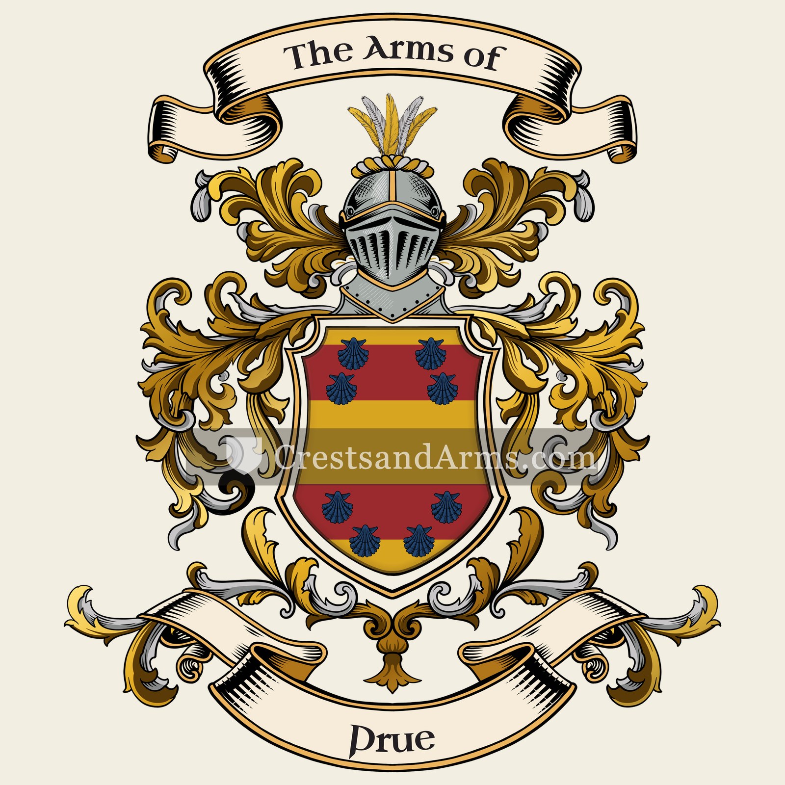 The Prue coat of arms, drawn from the recorded blazon
