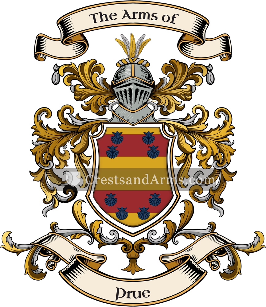The Prue coat of arms, drawn from the recorded blazon