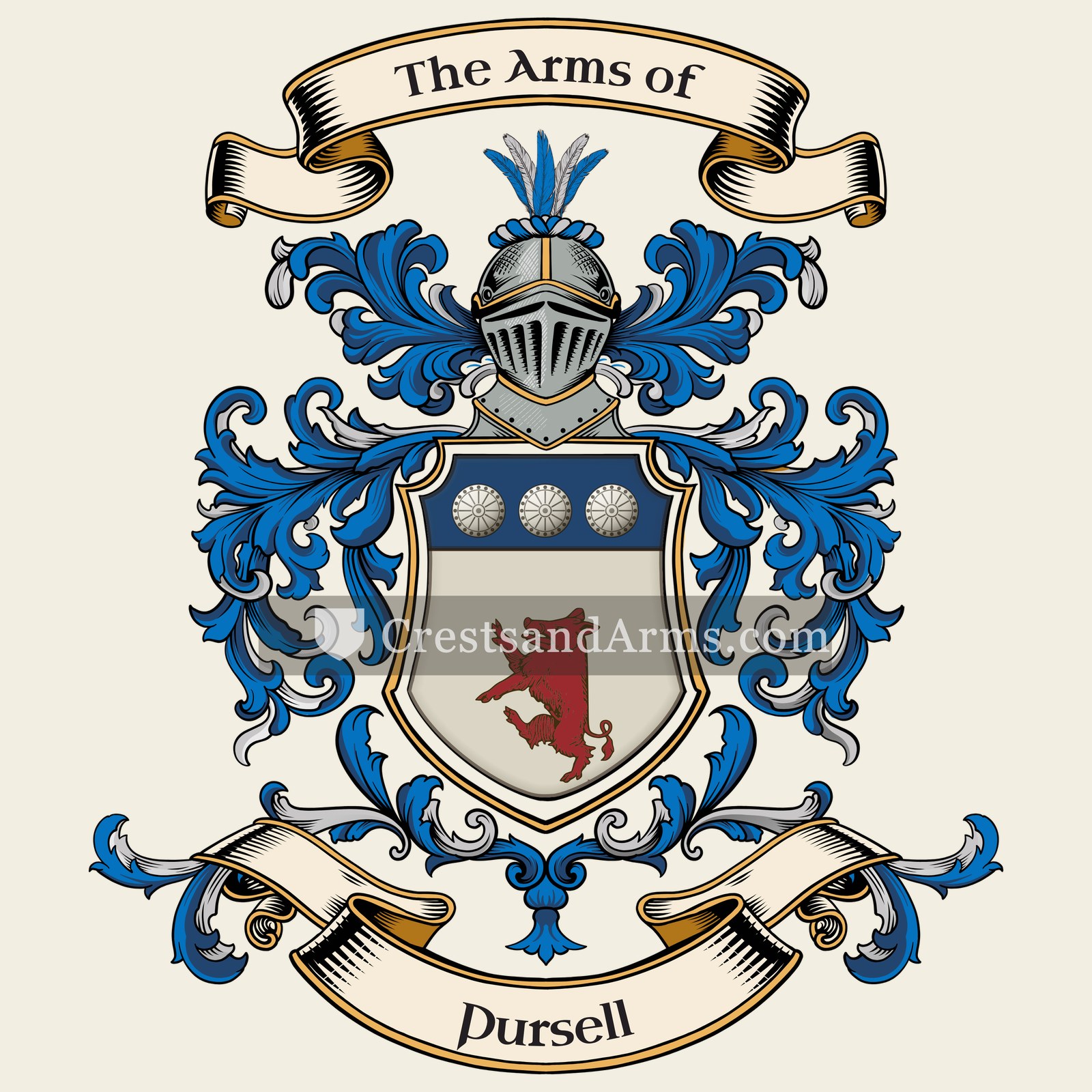The Pursell coat of arms, drawn from the recorded blazon