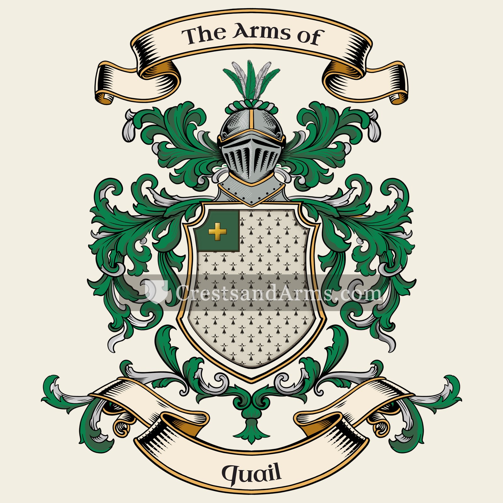 The Quail coat of arms, drawn from the recorded blazon