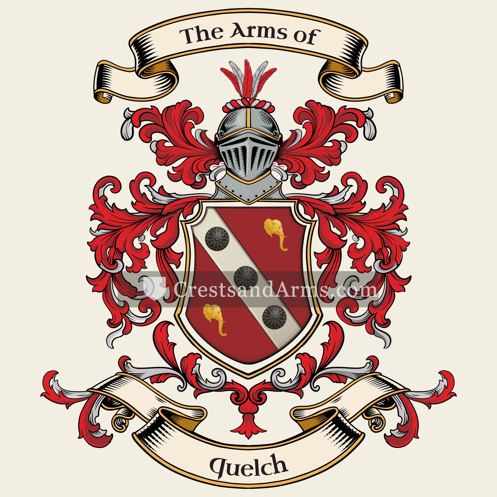 The Quelch coat of arms, drawn from the recorded blazon