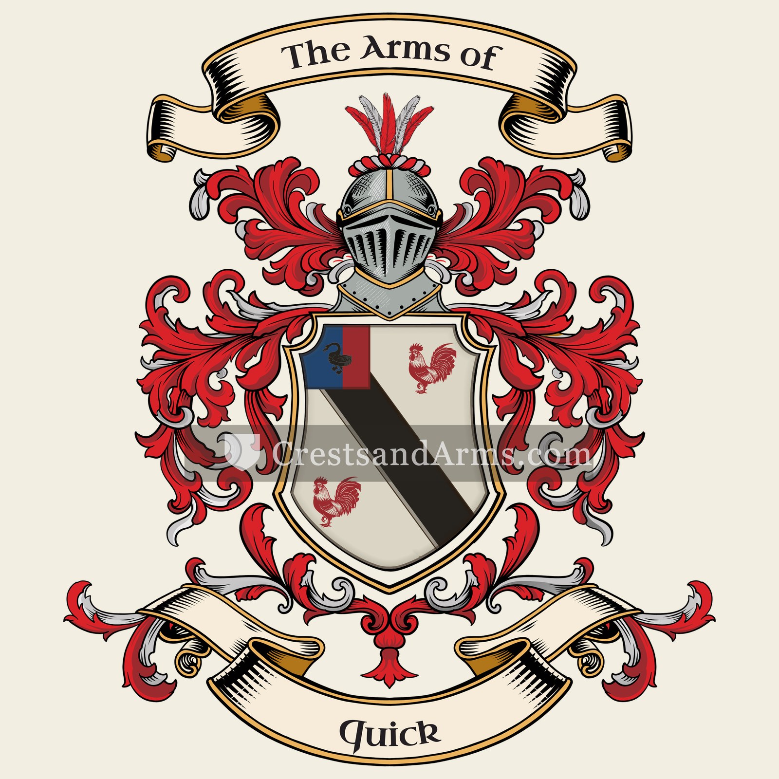 The Quick coat of arms, drawn from the recorded blazon