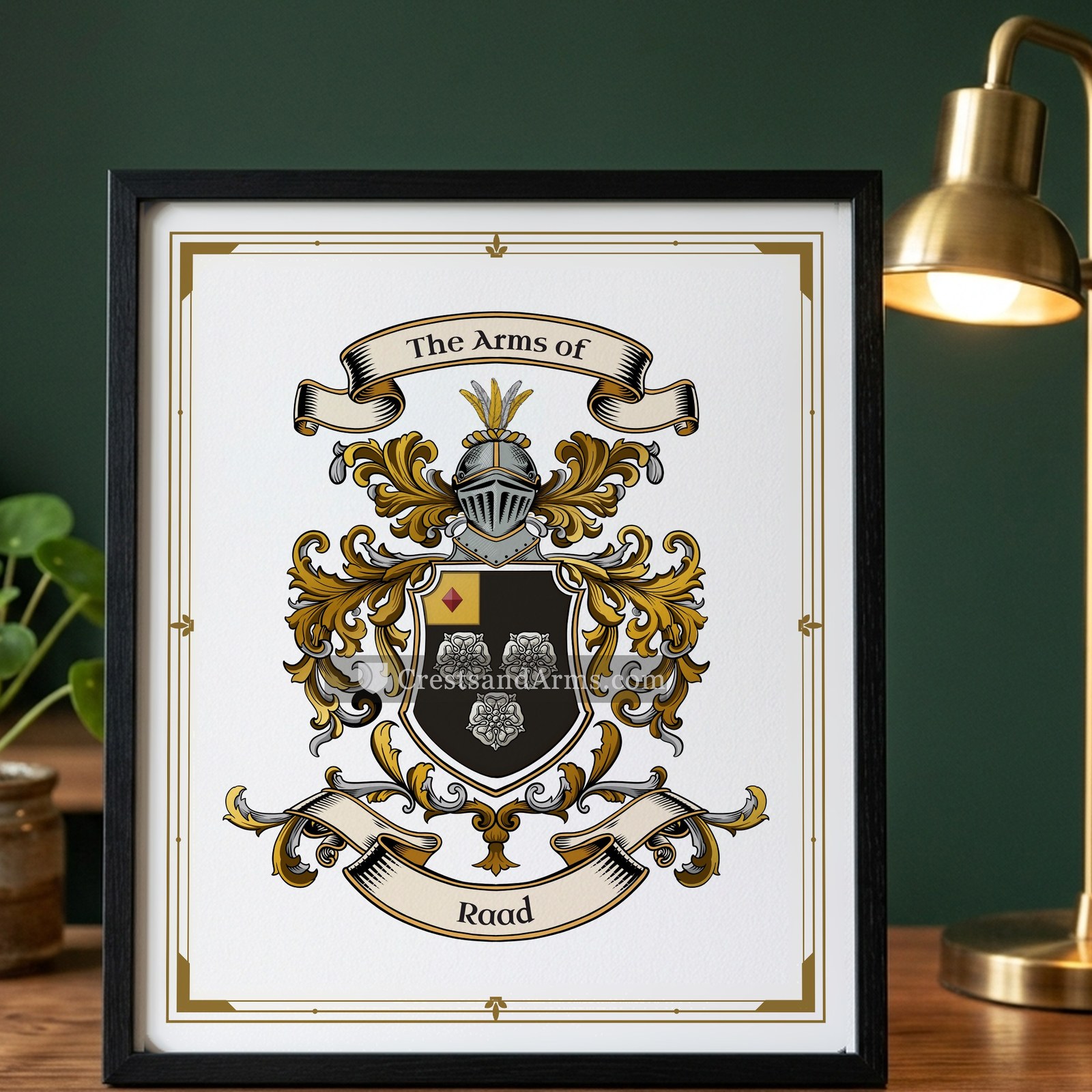 The Raad arms on the framed, black wood