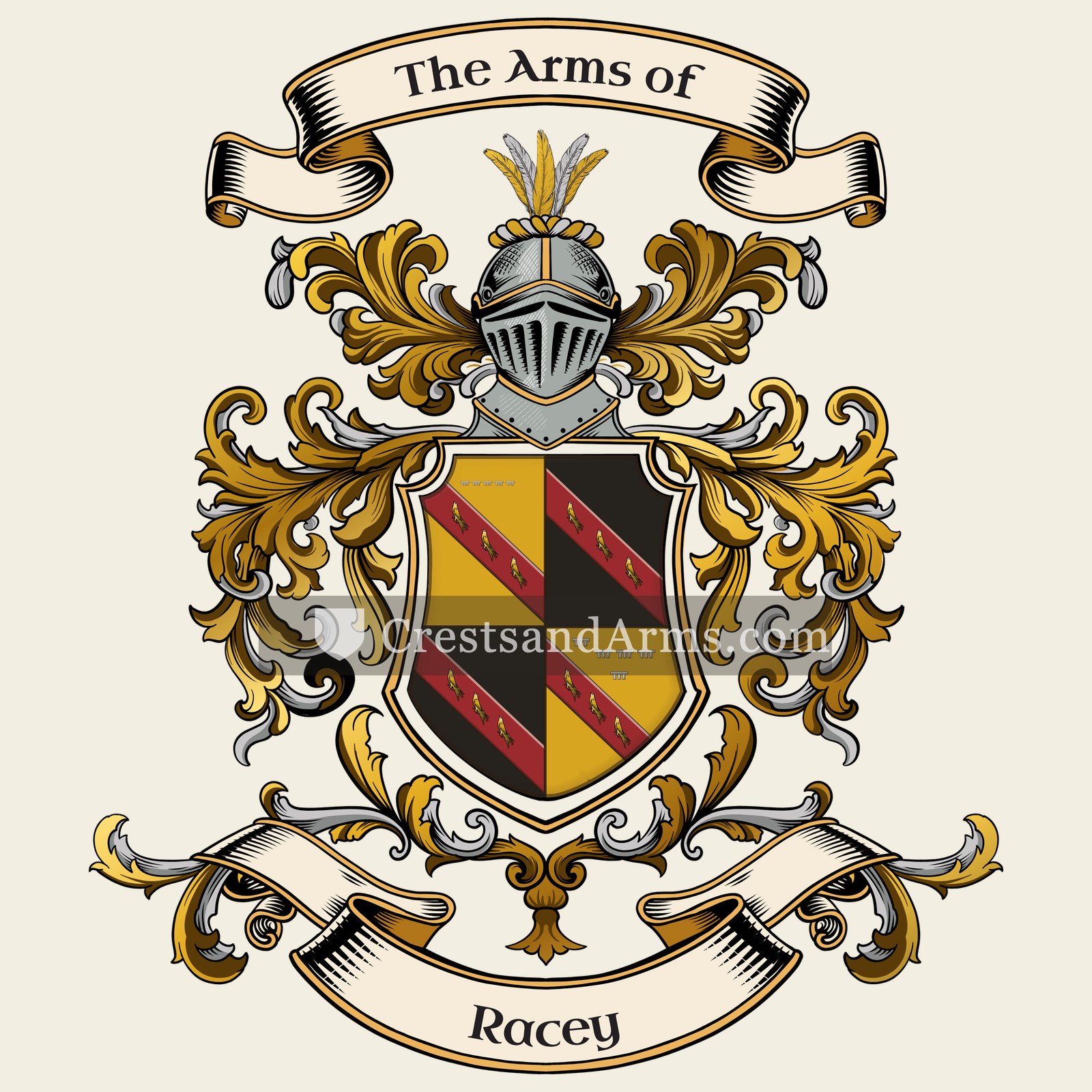 The Racey coat of arms, drawn from the recorded blazon