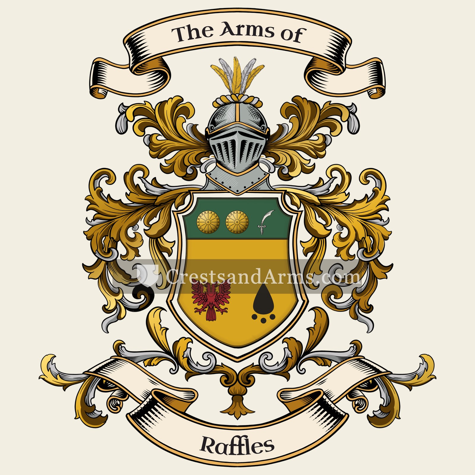 The Raffles coat of arms, drawn from the recorded blazon