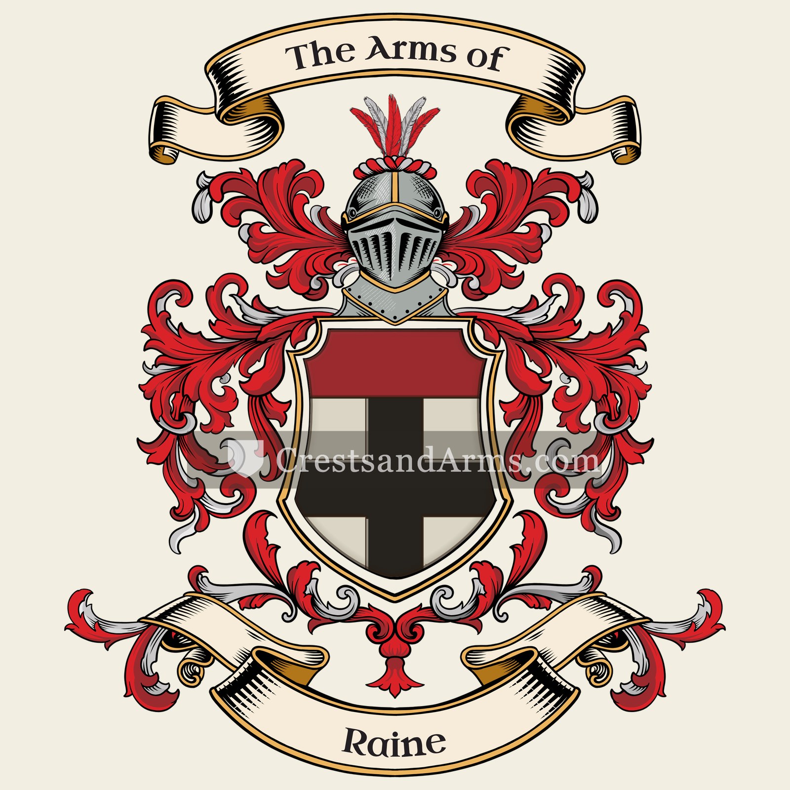The Raine coat of arms, drawn from the recorded blazon