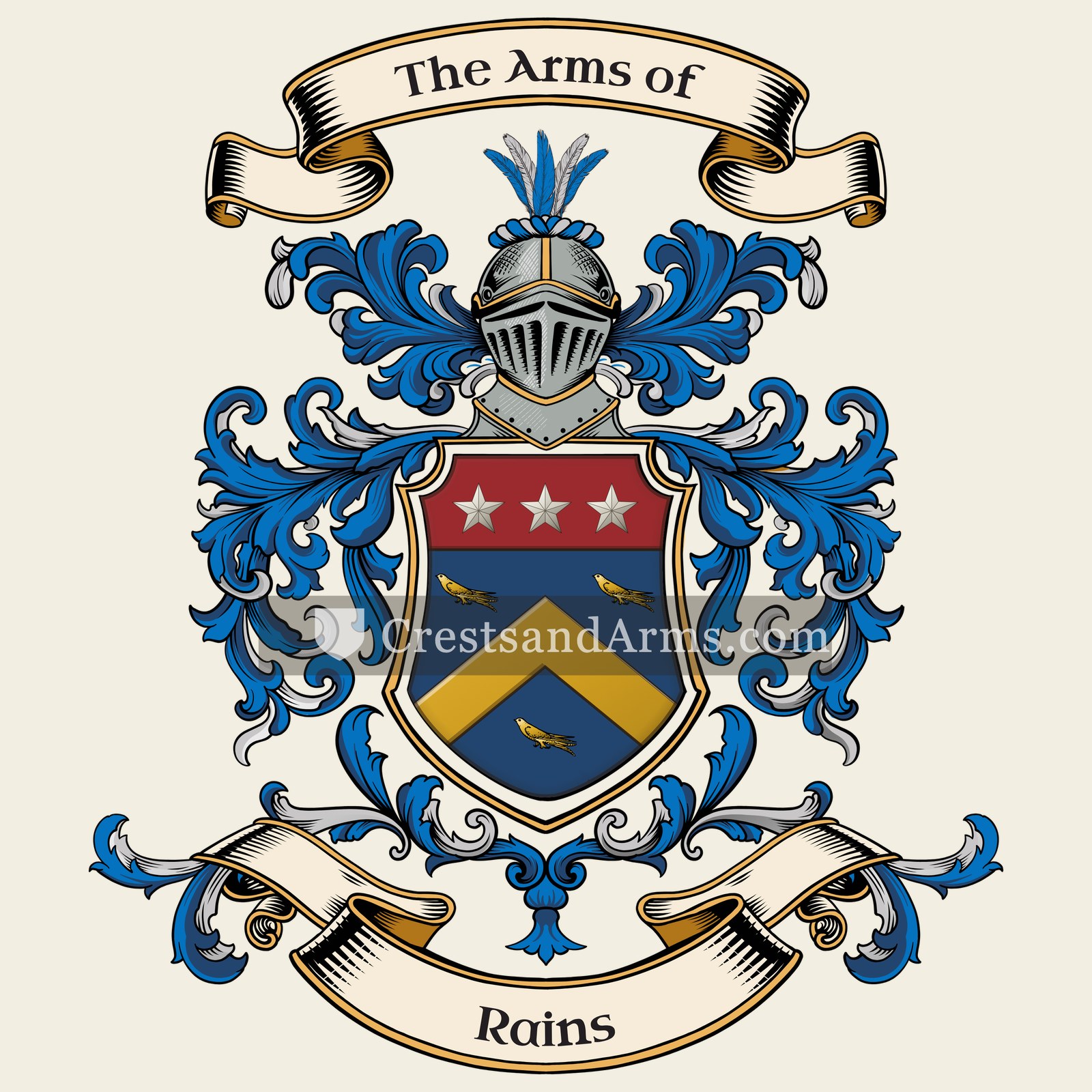 The Rains coat of arms, drawn from the recorded blazon