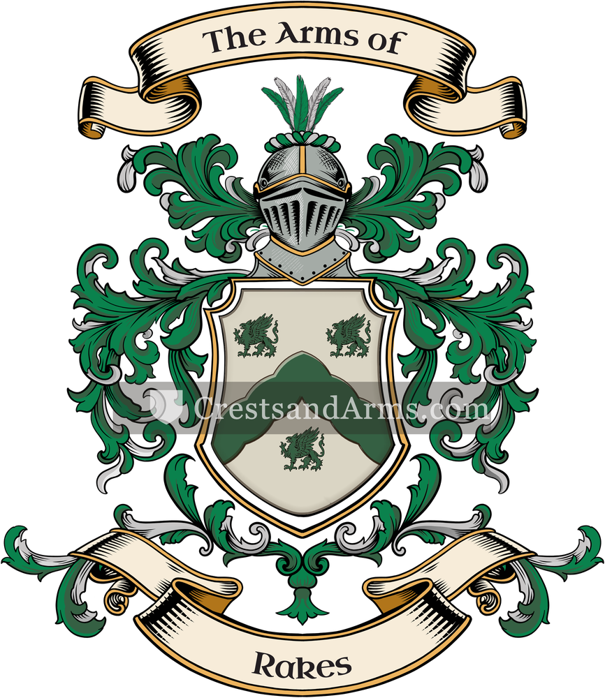 The Rakes coat of arms, drawn from the recorded blazon