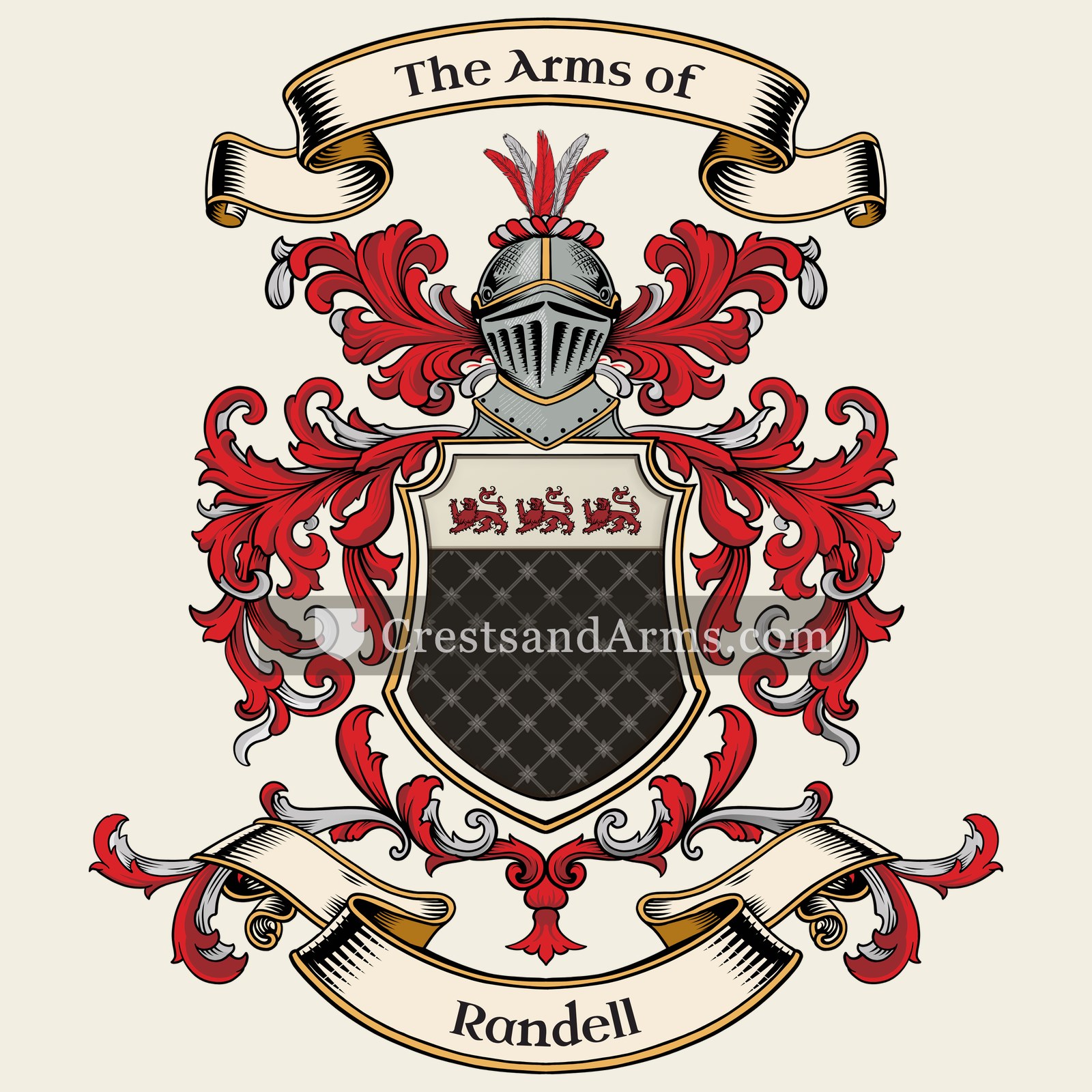 The Randell coat of arms, drawn from the recorded blazon