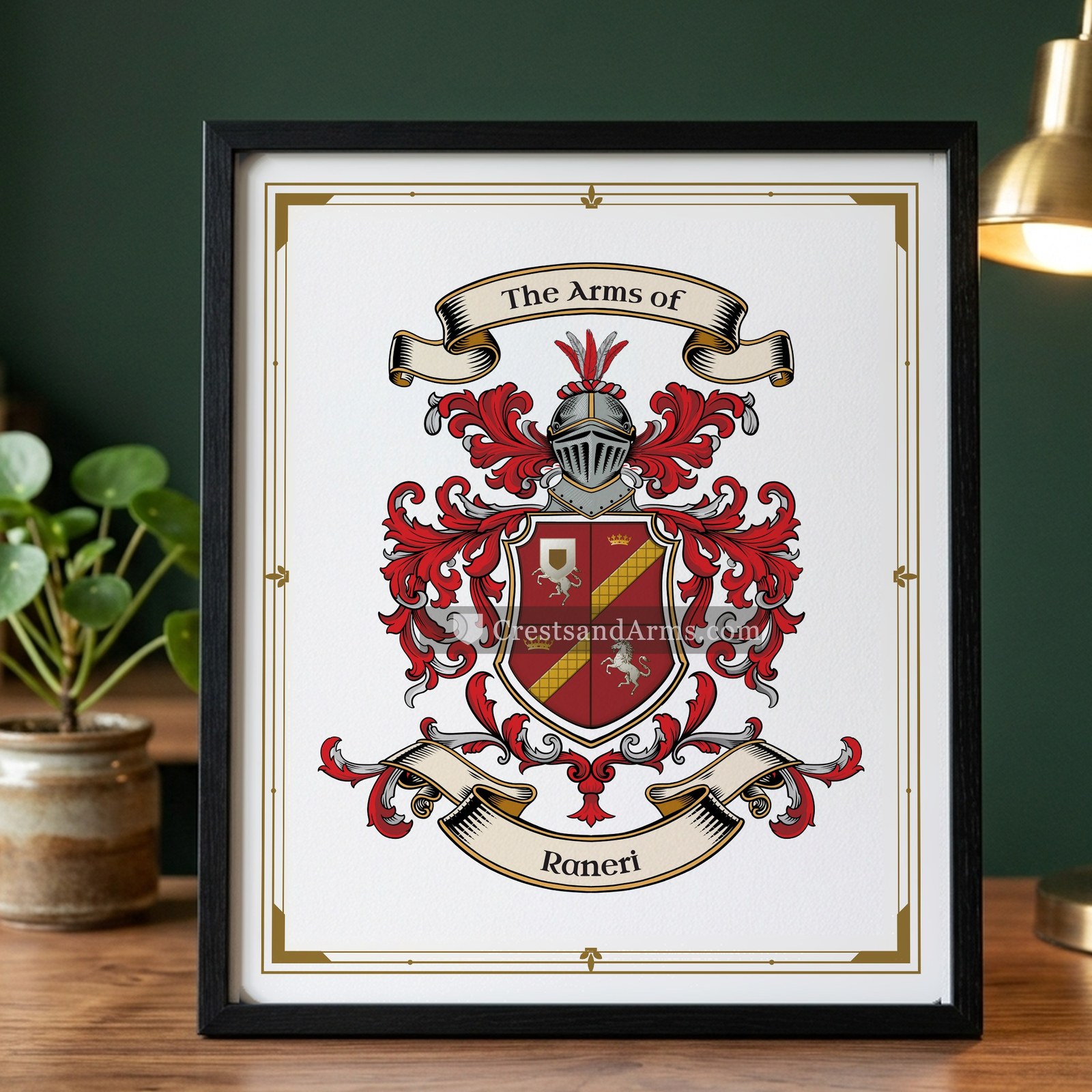 The Raneri arms on the framed, black wood