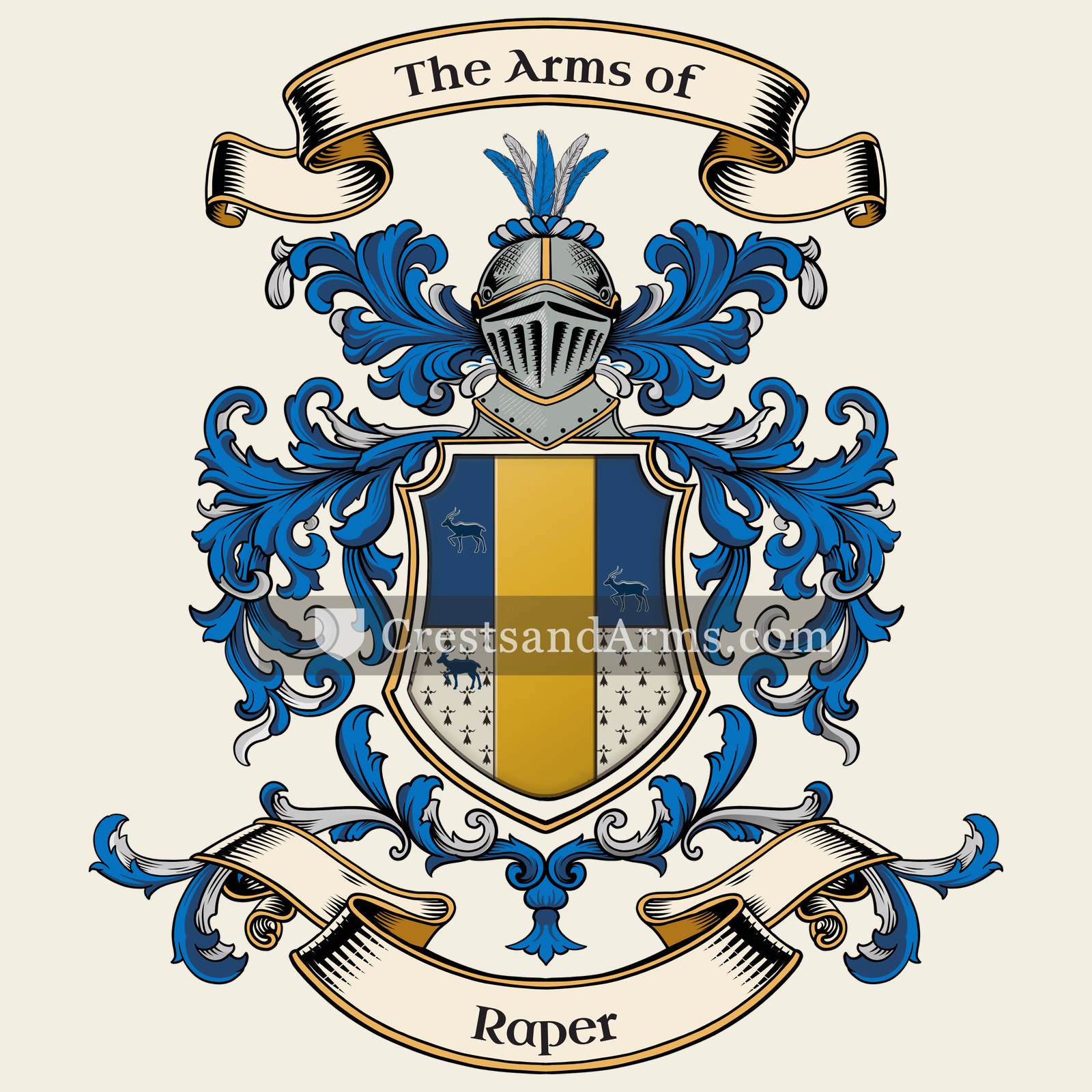 The Raper coat of arms, drawn from the recorded blazon