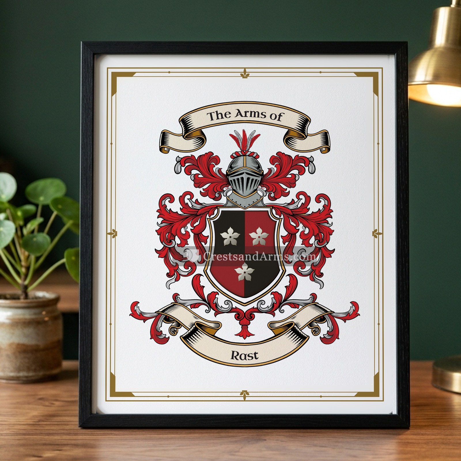 The Rast arms on the framed, black wood