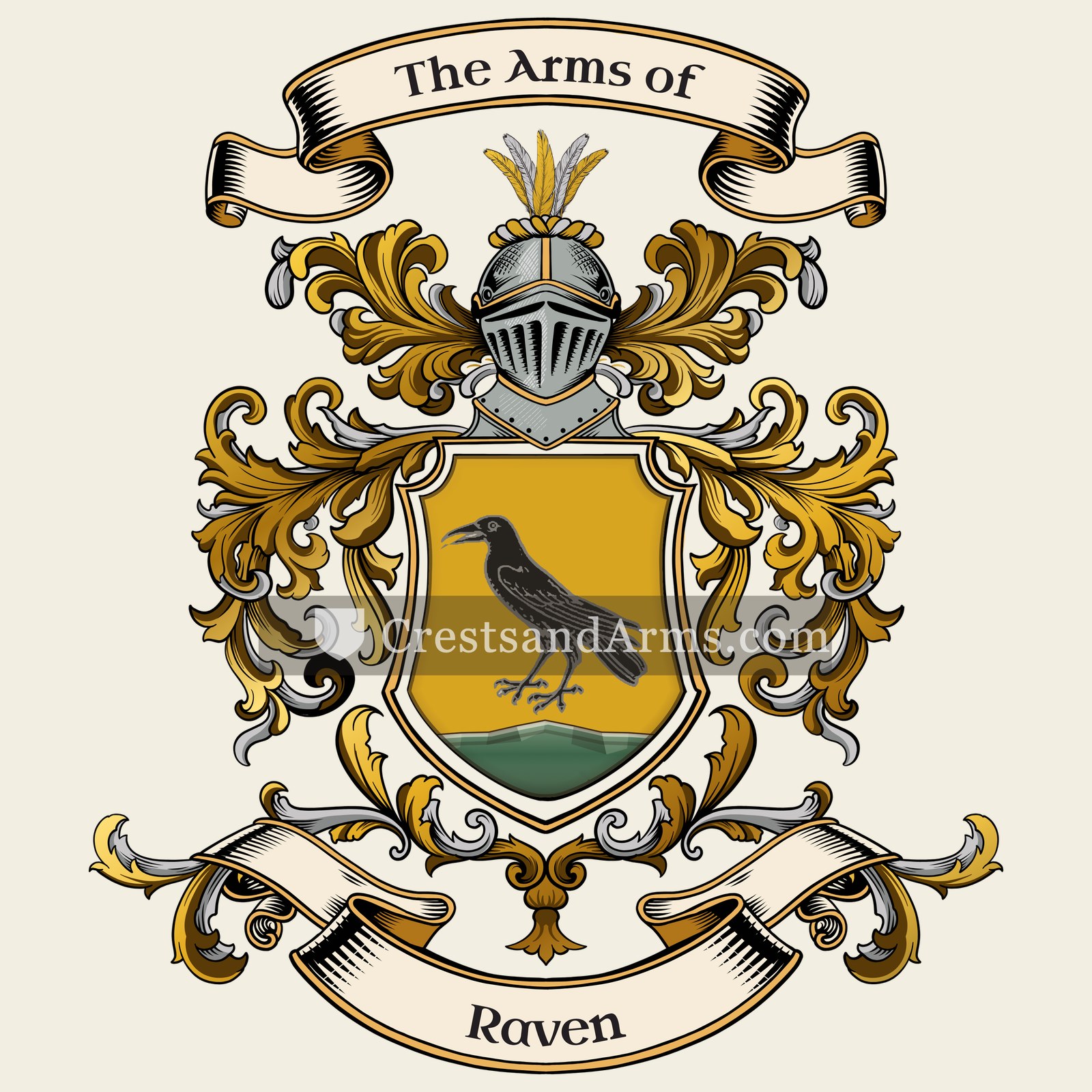 The Raven coat of arms, drawn from the recorded blazon