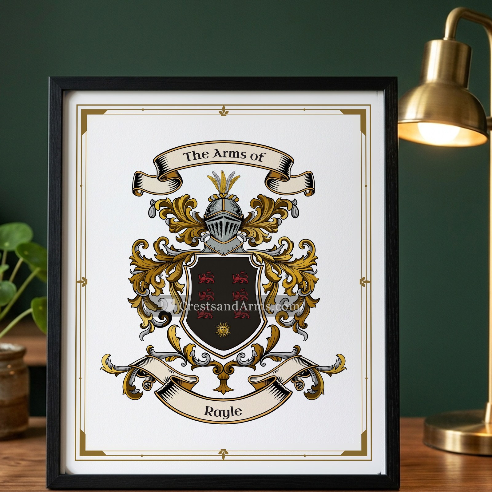 The Rayle arms on the framed, black wood