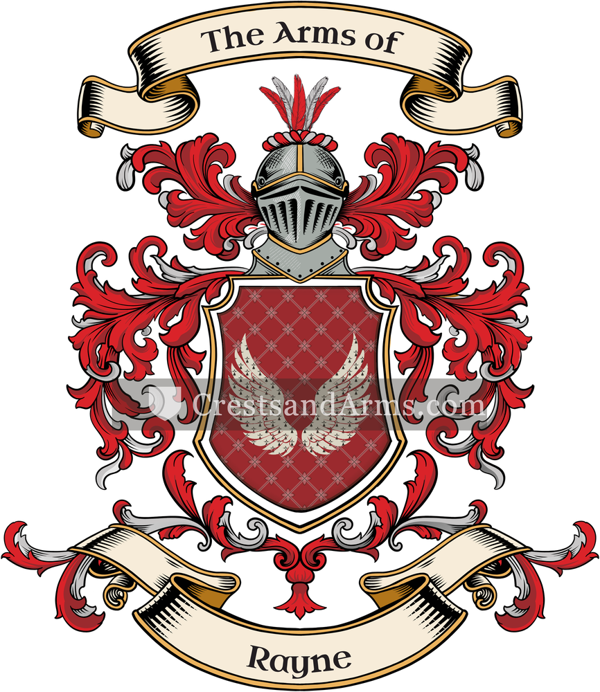 The Rayne coat of arms, drawn from the recorded blazon