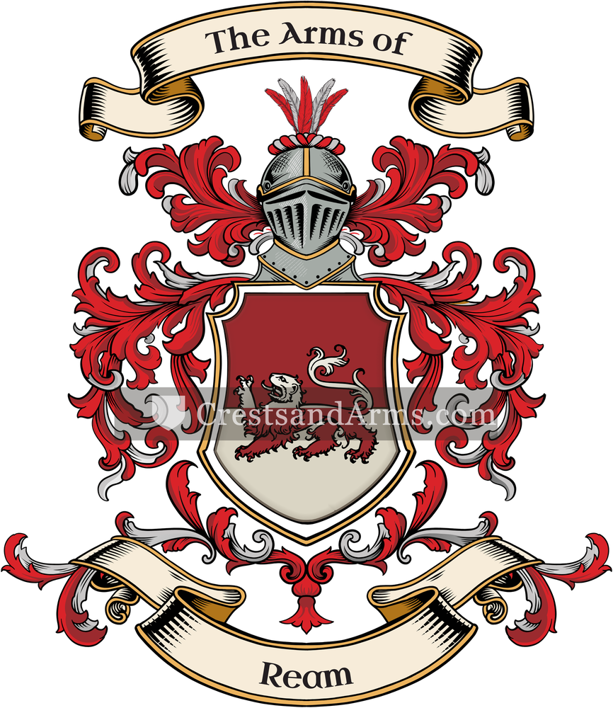 The Ream coat of arms, drawn from the recorded blazon