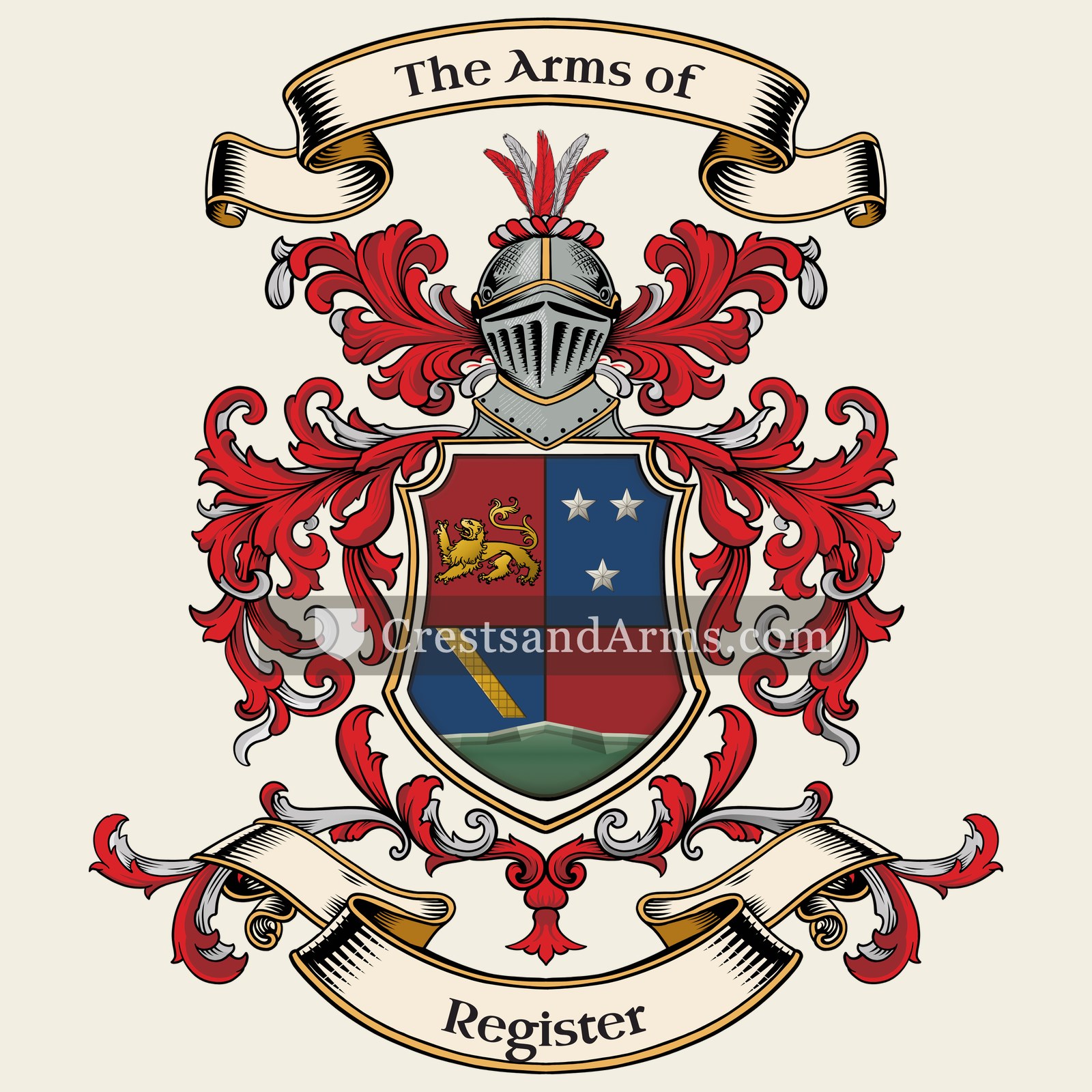 The Register coat of arms, drawn from the recorded blazon