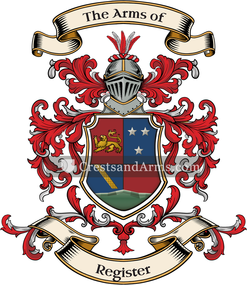 The Register coat of arms, drawn from the recorded blazon