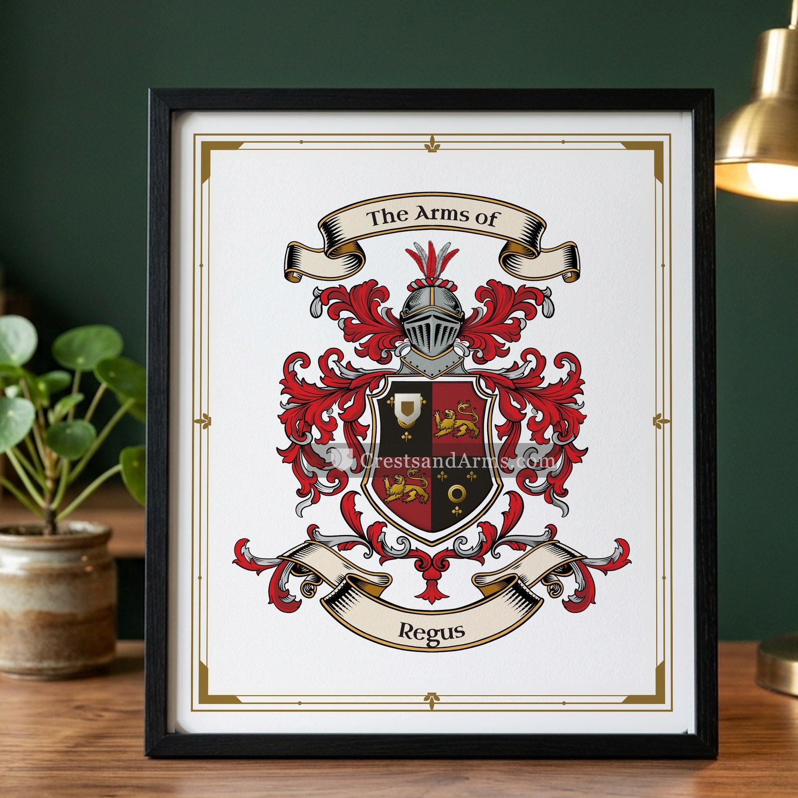 The Regus arms on the framed, black wood