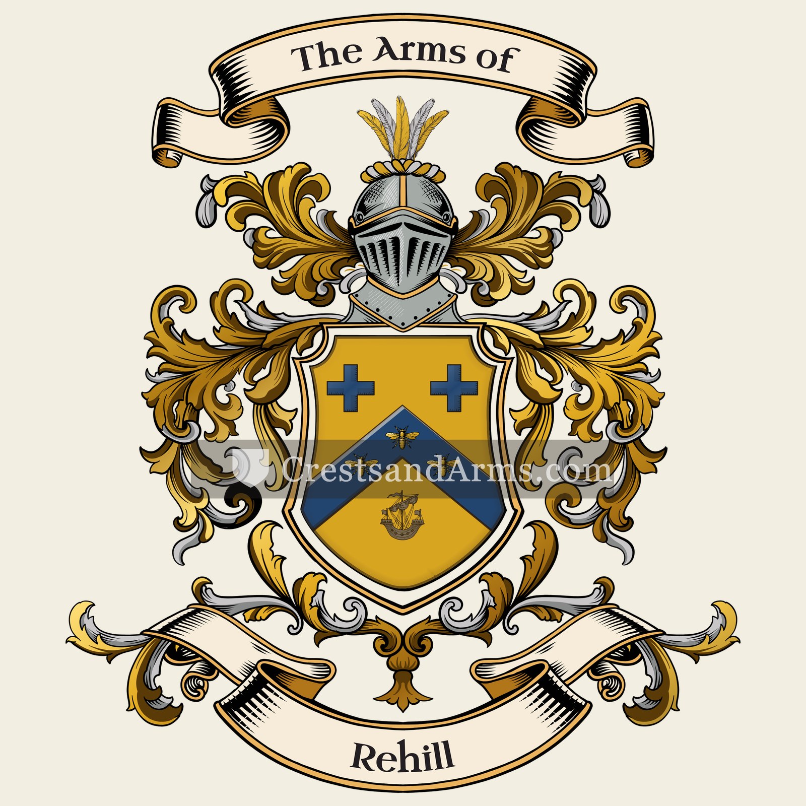 The Rehill coat of arms, drawn from the recorded blazon