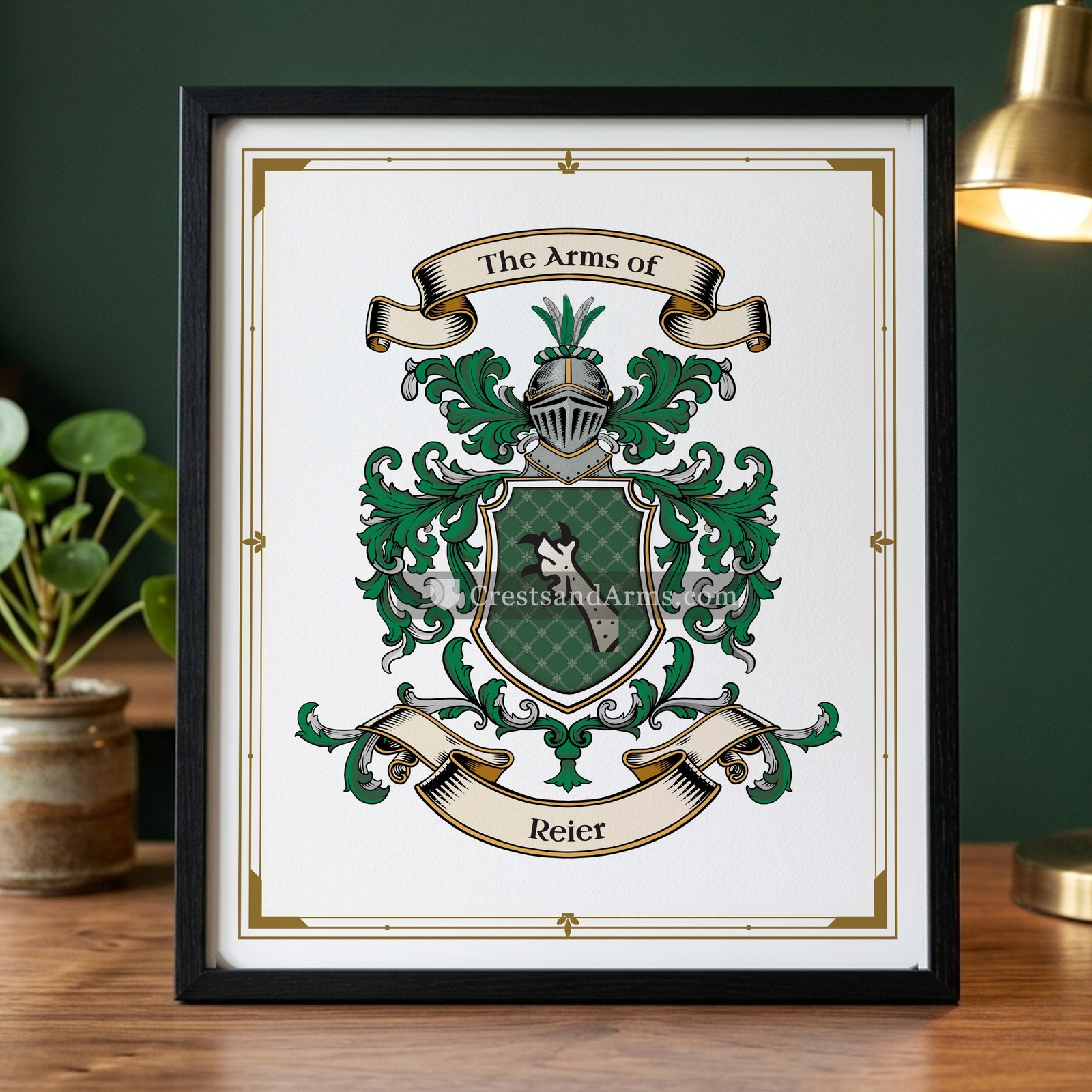 The Reier arms on the framed, black wood