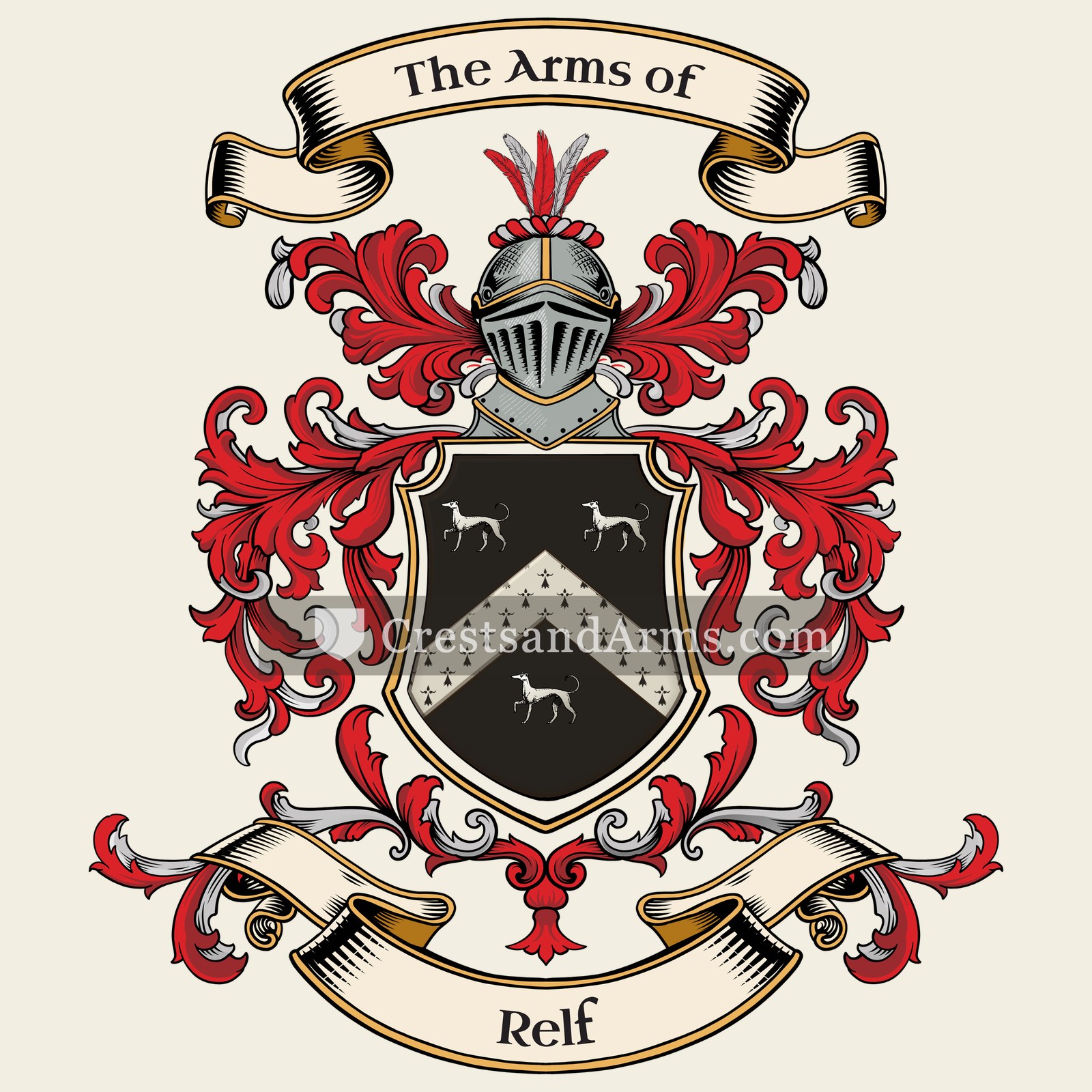 The Relf coat of arms, drawn from the recorded blazon