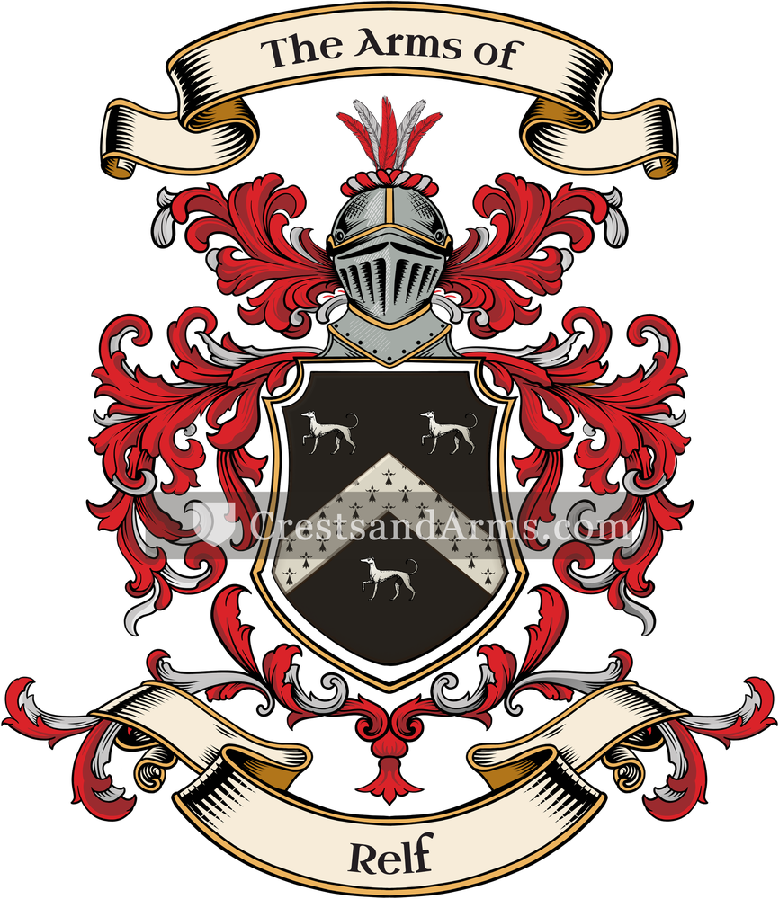 The Relf coat of arms, drawn from the recorded blazon