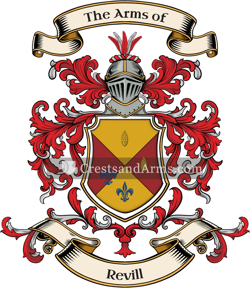 The Revill coat of arms, drawn from the recorded blazon