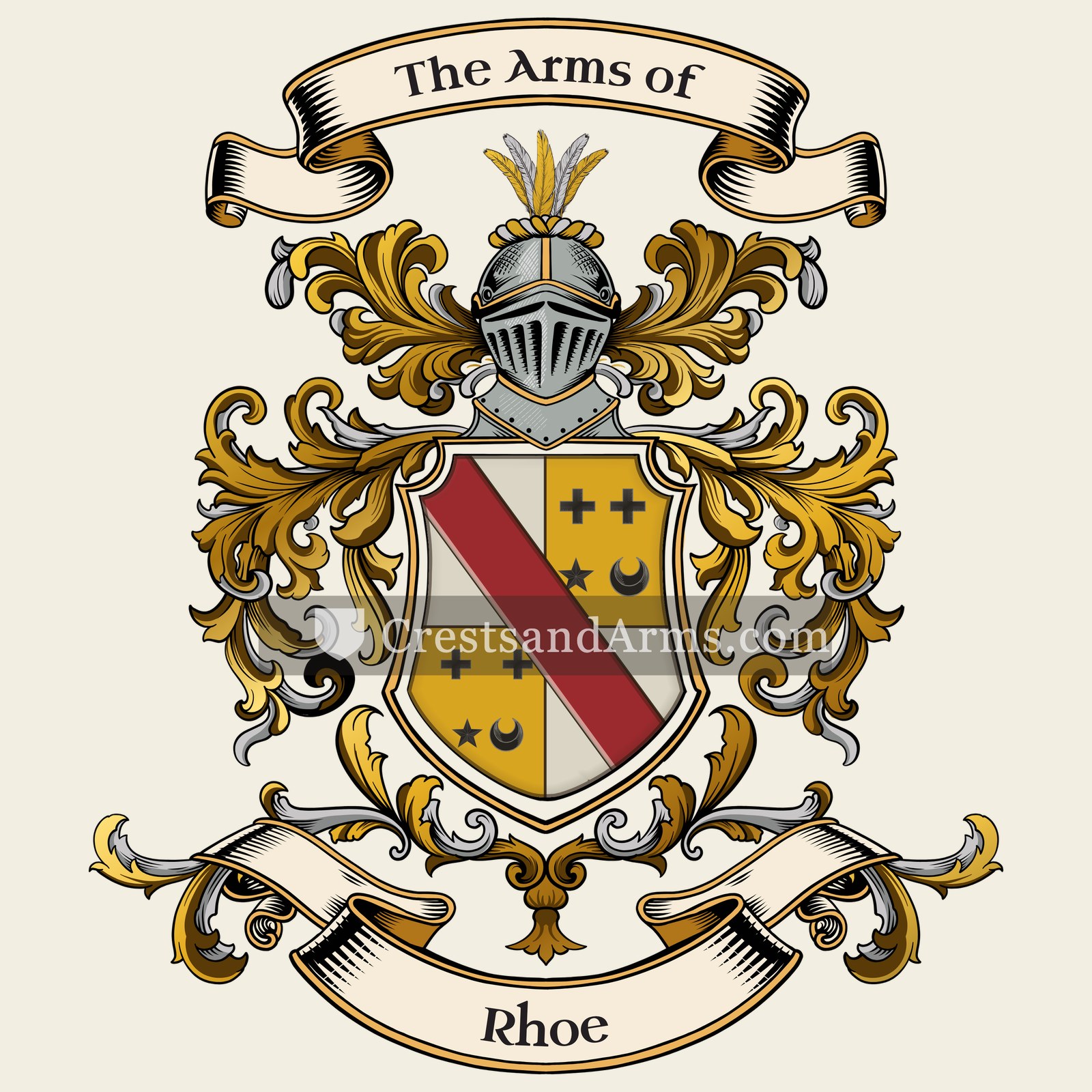 The Rhoe coat of arms, drawn from the recorded blazon