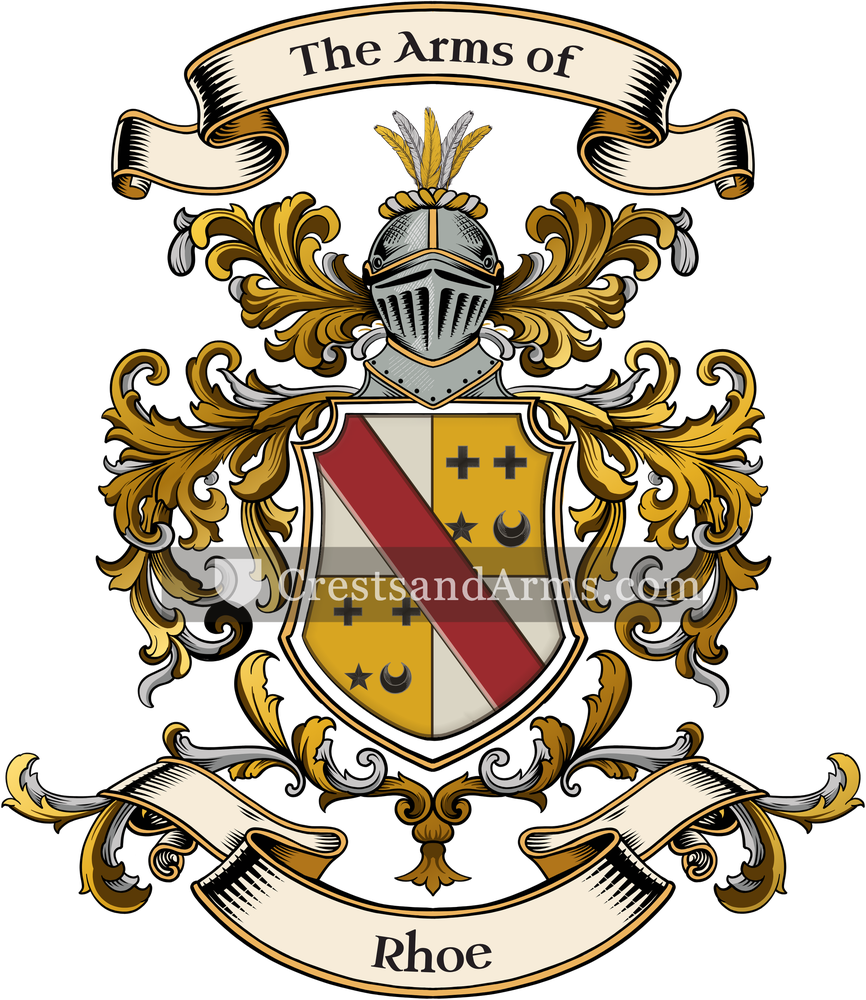 The Rhoe coat of arms, drawn from the recorded blazon