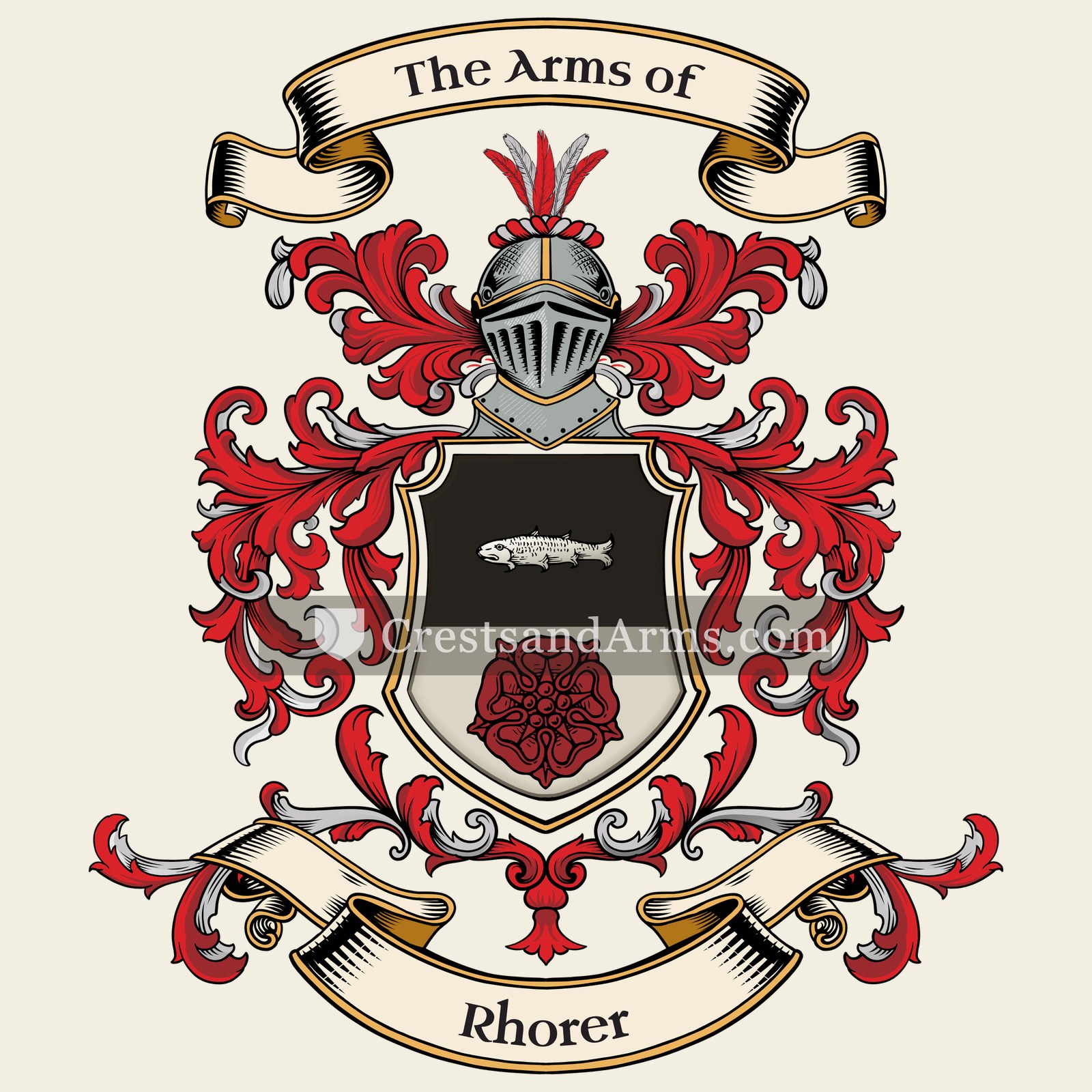 The Rhorer coat of arms, drawn from the recorded blazon