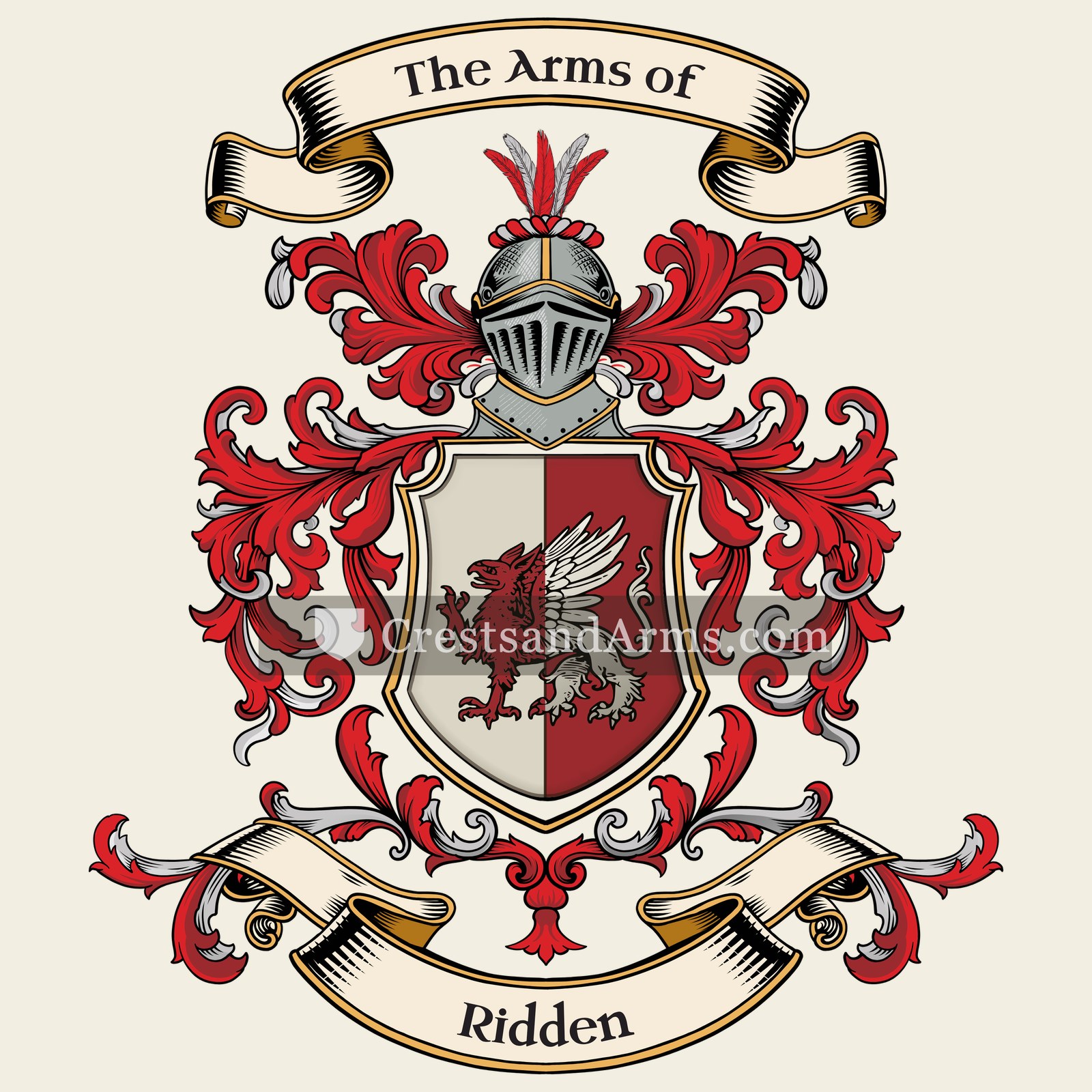 The Ridden coat of arms, drawn from the recorded blazon