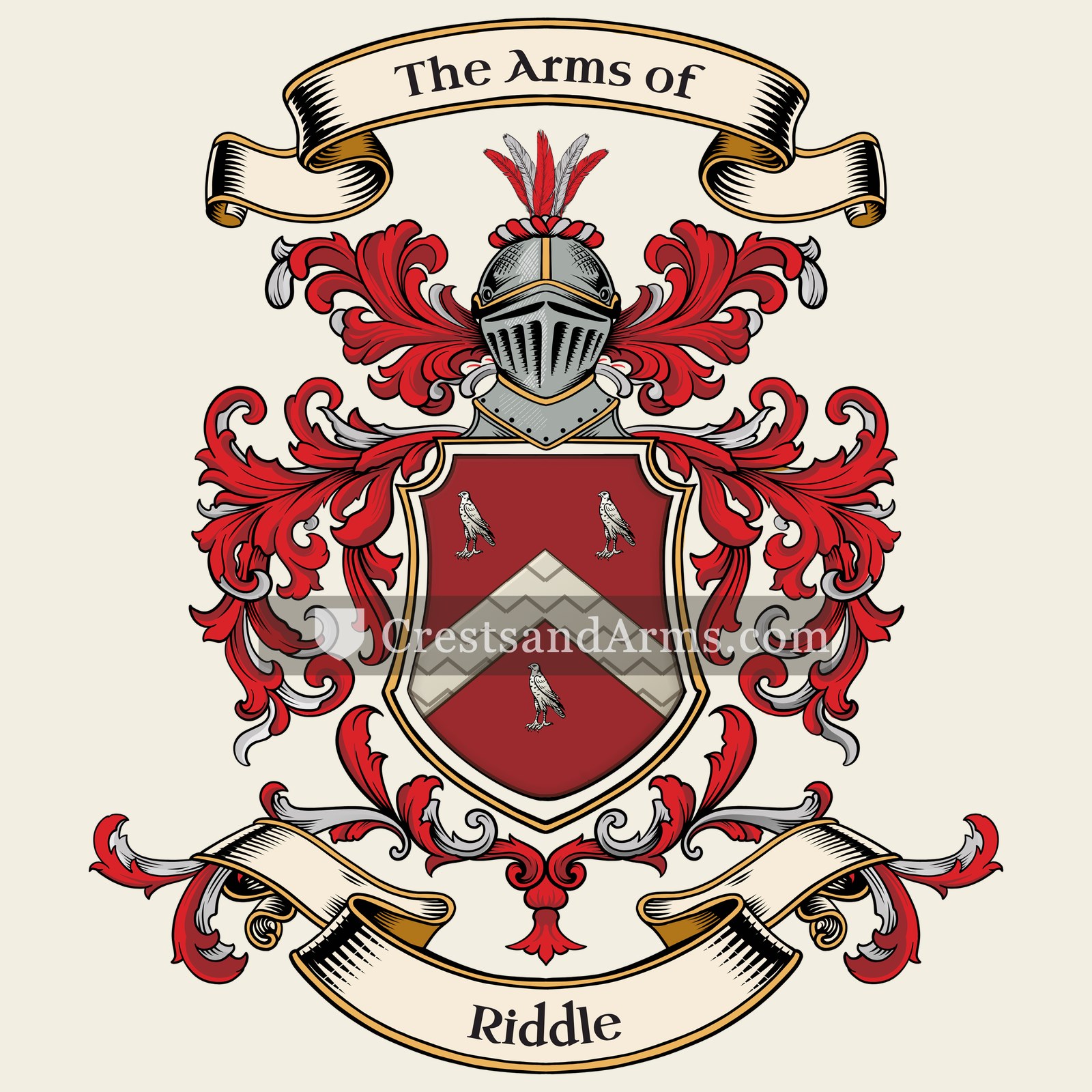 The Riddle coat of arms, drawn from the recorded blazon
