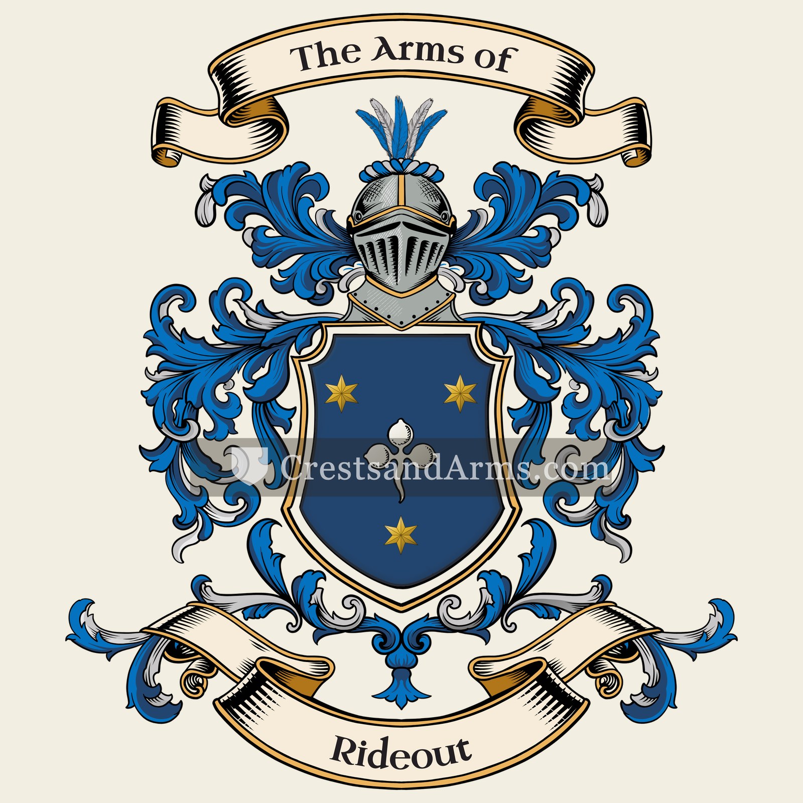 The Rideout coat of arms, drawn from the recorded blazon