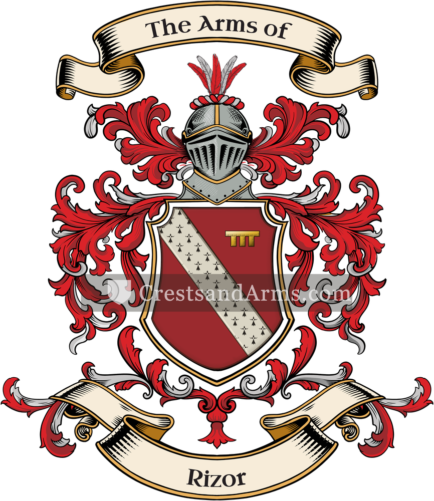 The Rizor coat of arms, drawn from the recorded blazon