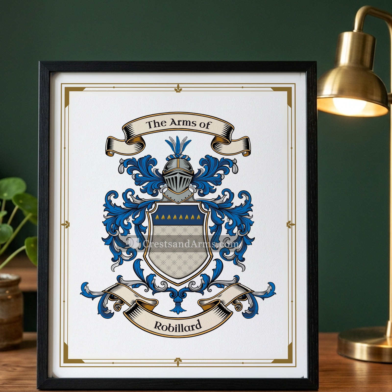 The Robillard arms on the framed, black wood