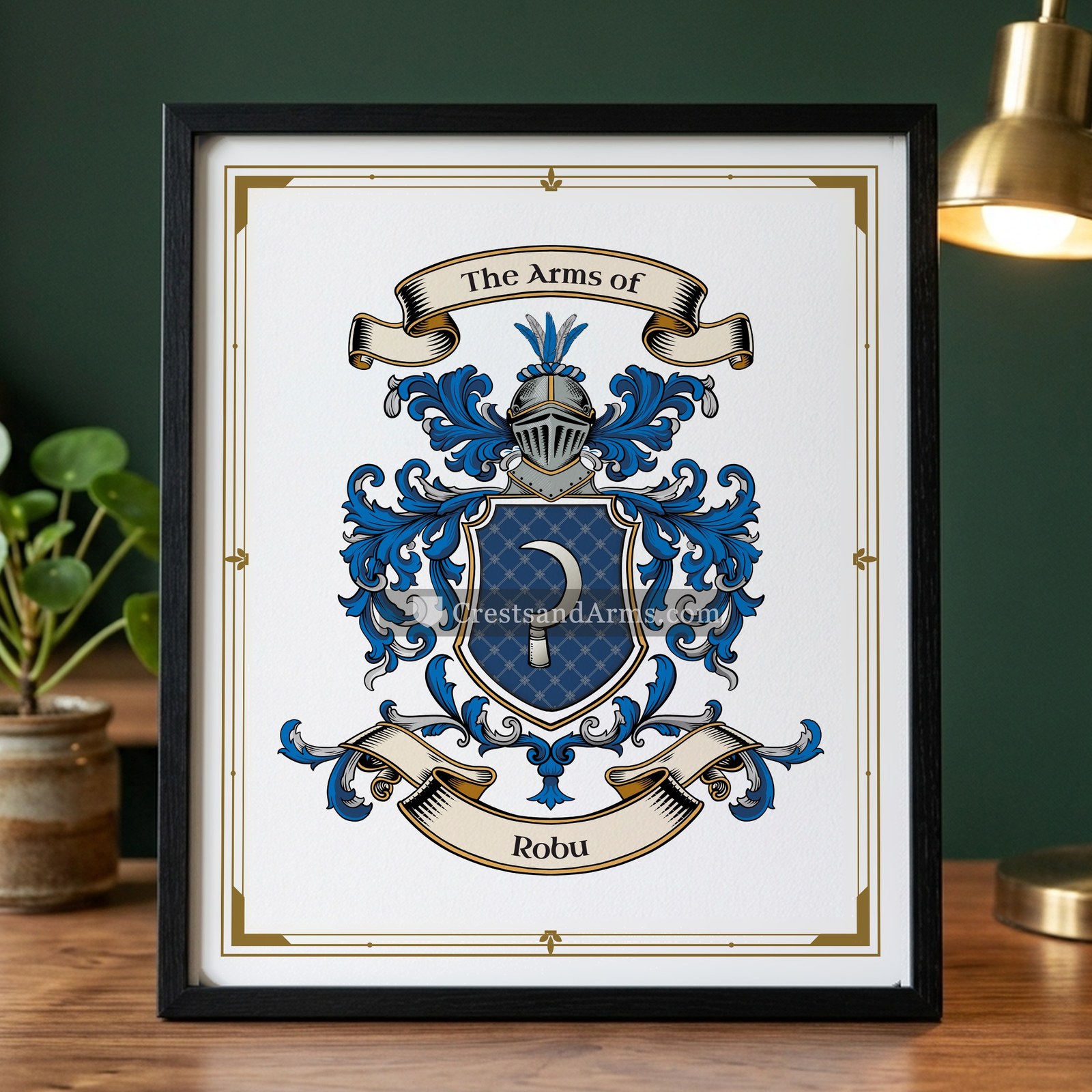 The Robu arms on the framed, black wood