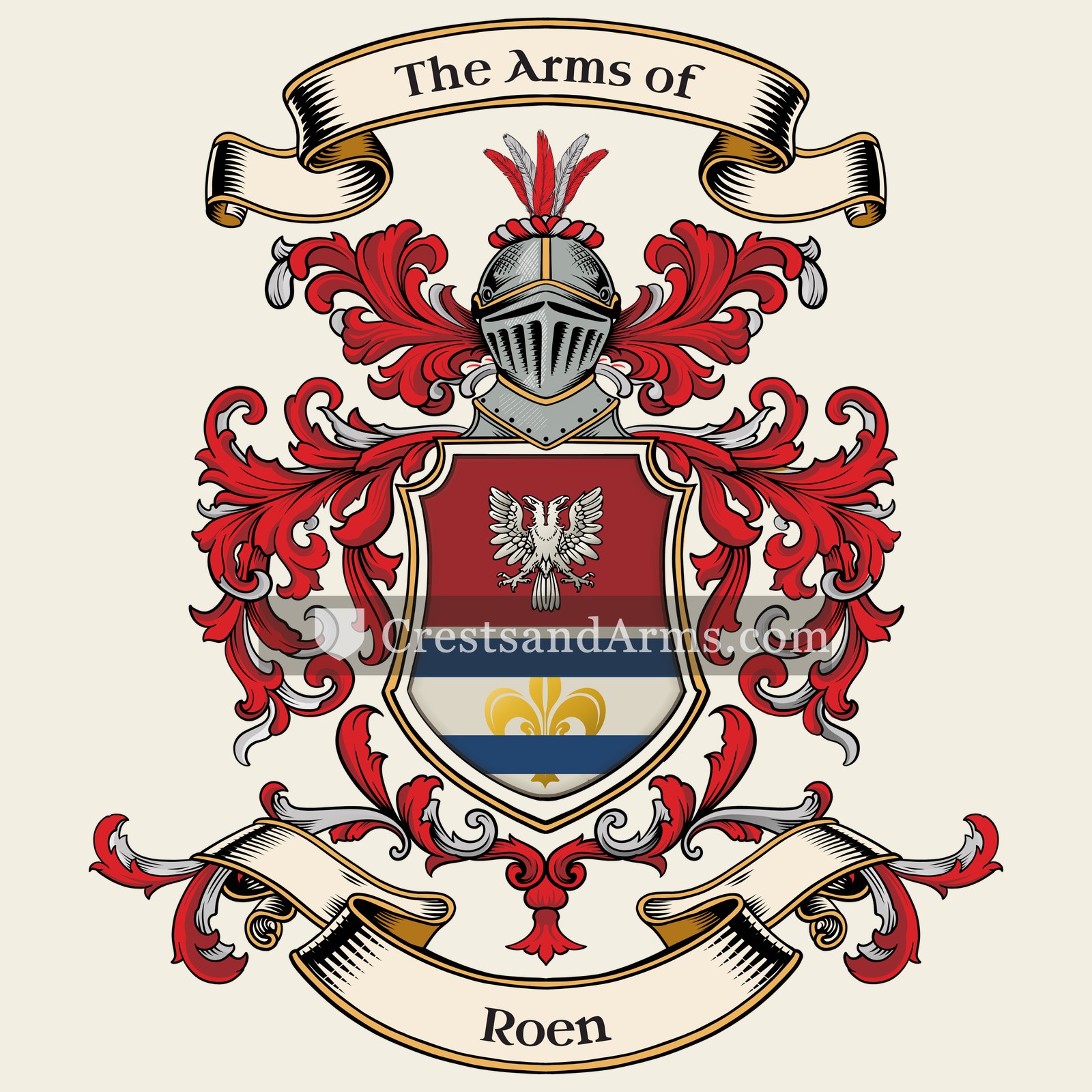 The Roen coat of arms, drawn from the recorded blazon