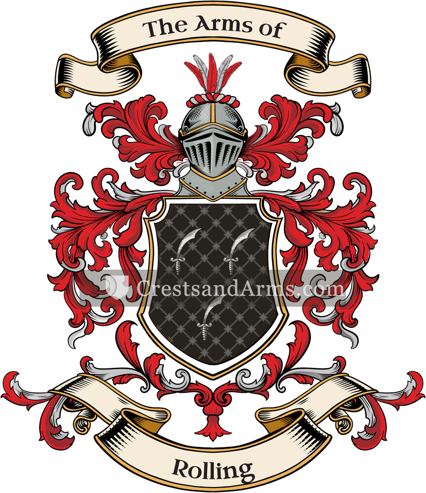 The Rolling coat of arms, drawn from the recorded blazon