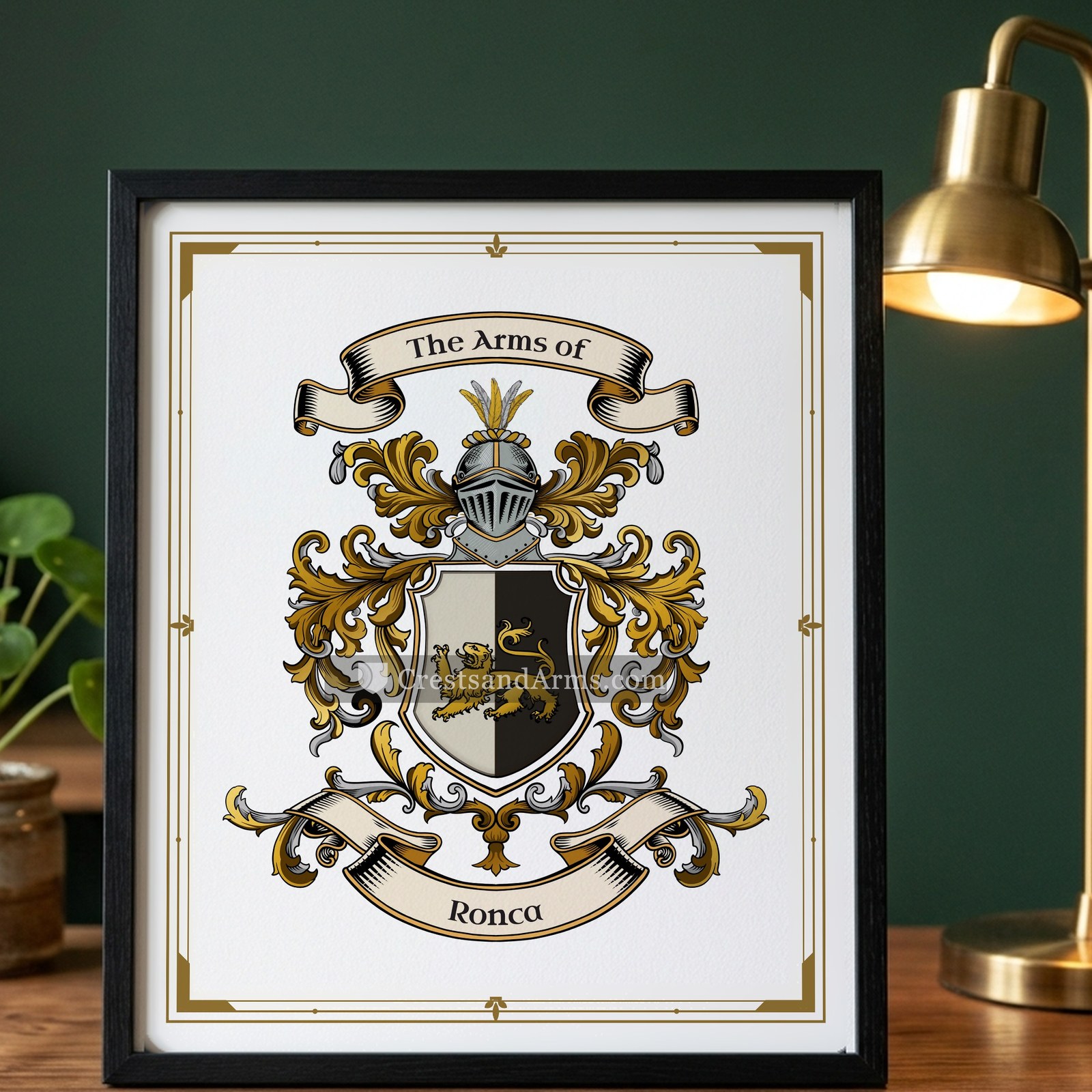 The Ronca arms on the framed, black wood
