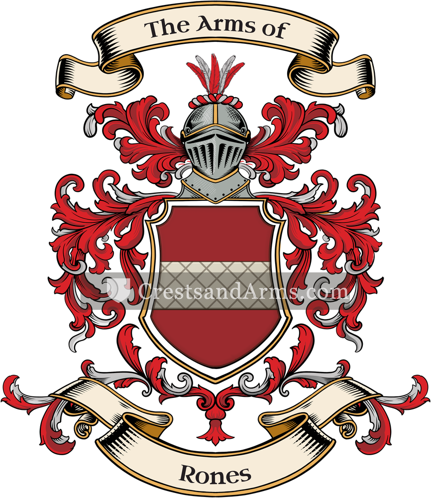 The Rones coat of arms, drawn from the recorded blazon